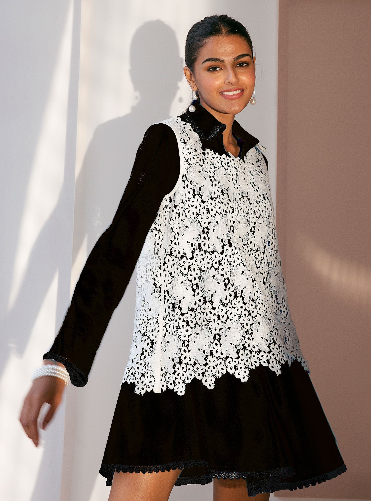Celina Cotton Black Dress with Guipure Layer