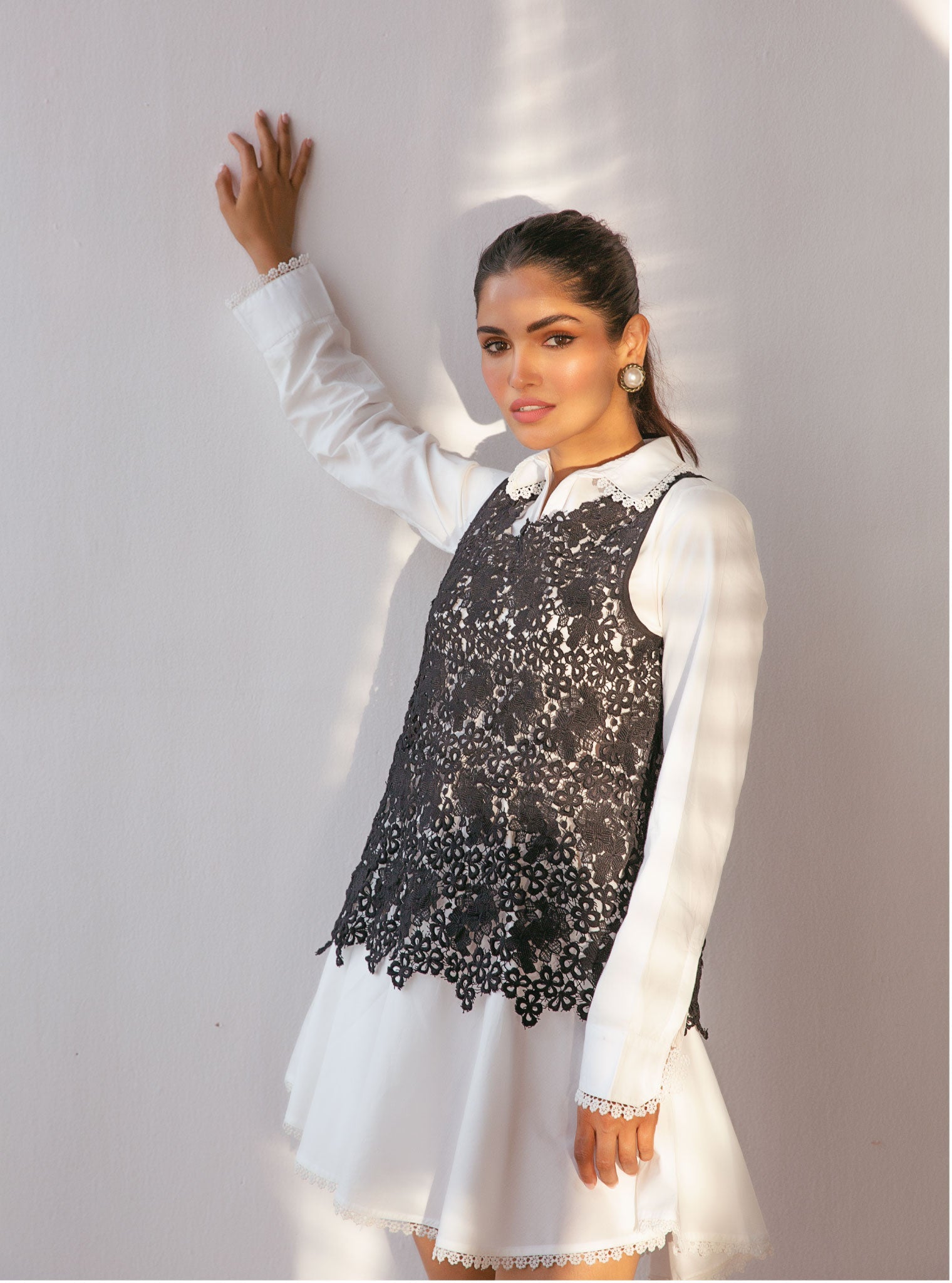 Celina Cotton White Dress With Guipure Layer