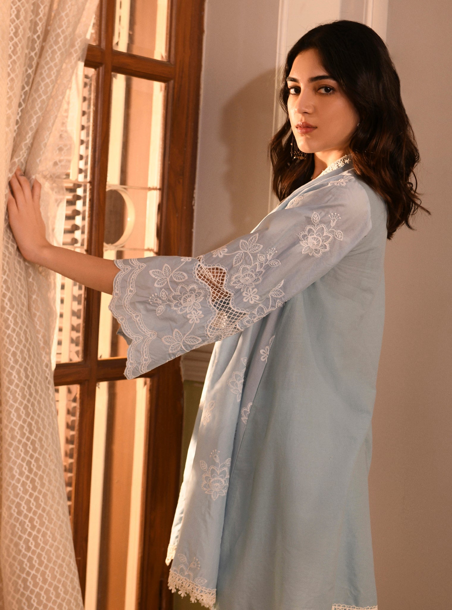 Mulmul Cotton Azara Light Blue Kurta