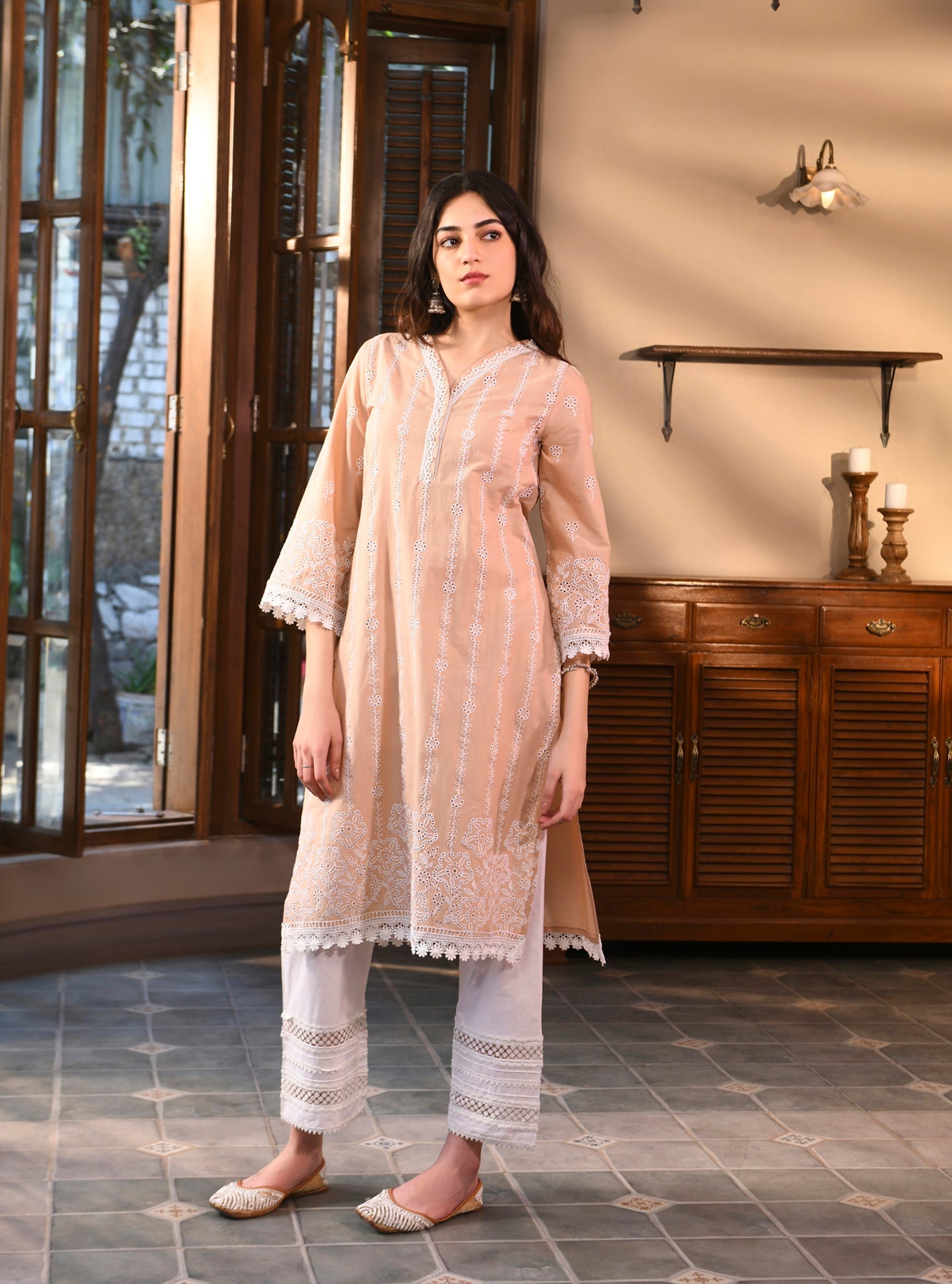 Mulmul Cotton Fila Beige Kurta