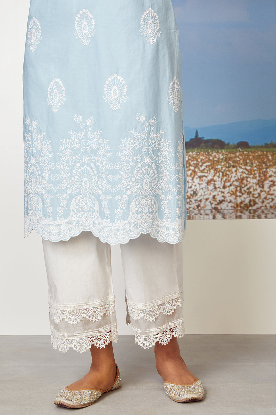 Mulmul Supima Cotton Dreamscape Light Blue Kurta