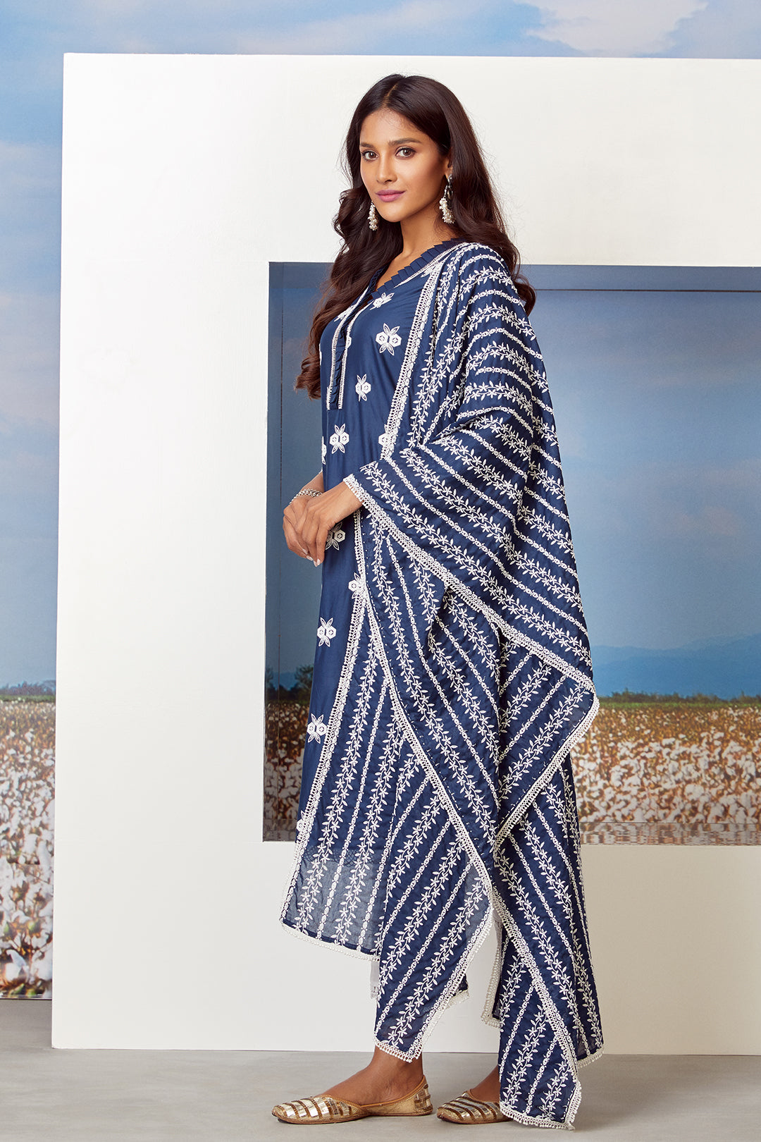 Mulmul Supima Cotton Capella Navy Dupatta