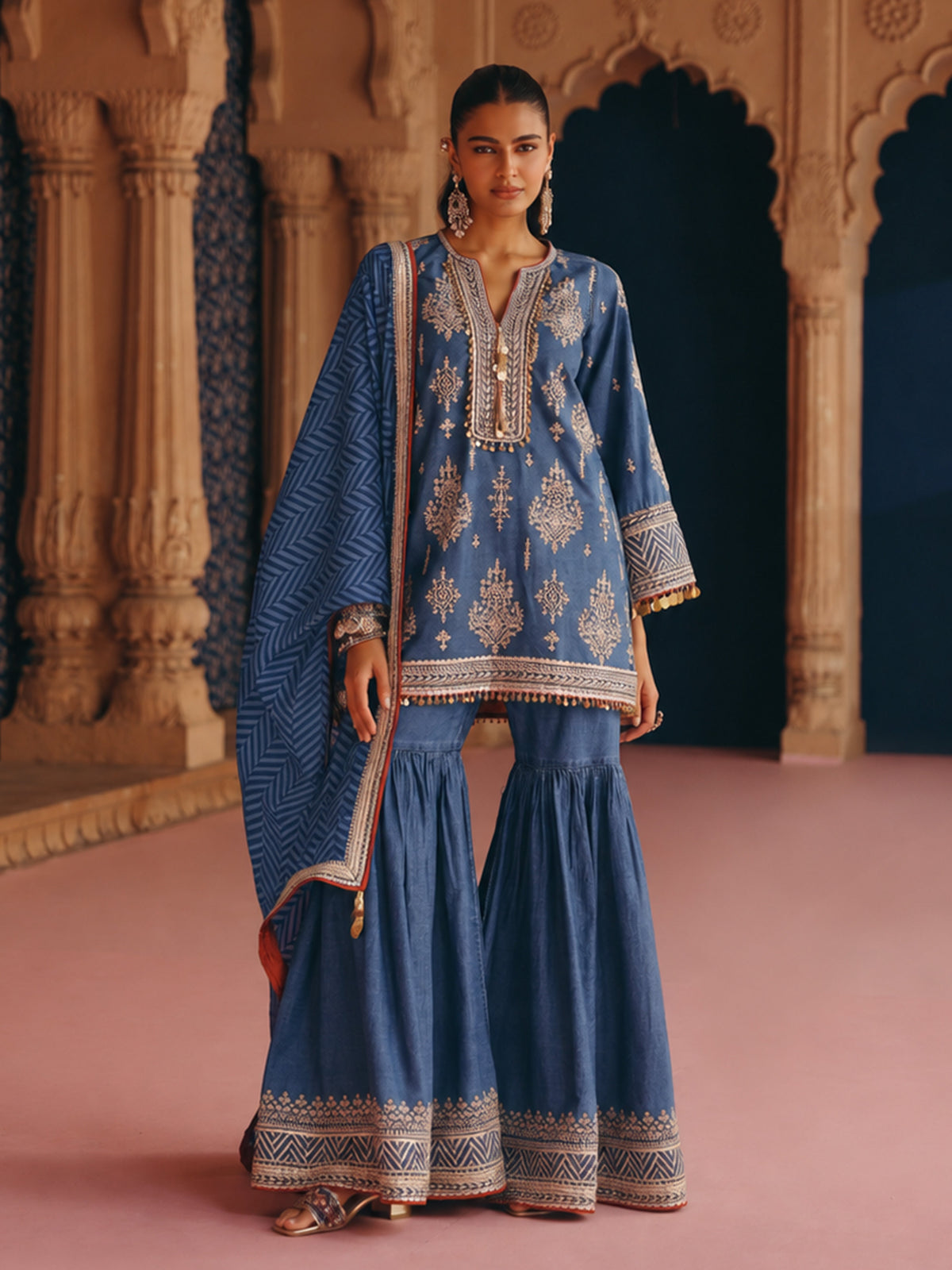 Beri Denim Short Kurta with Sharara
