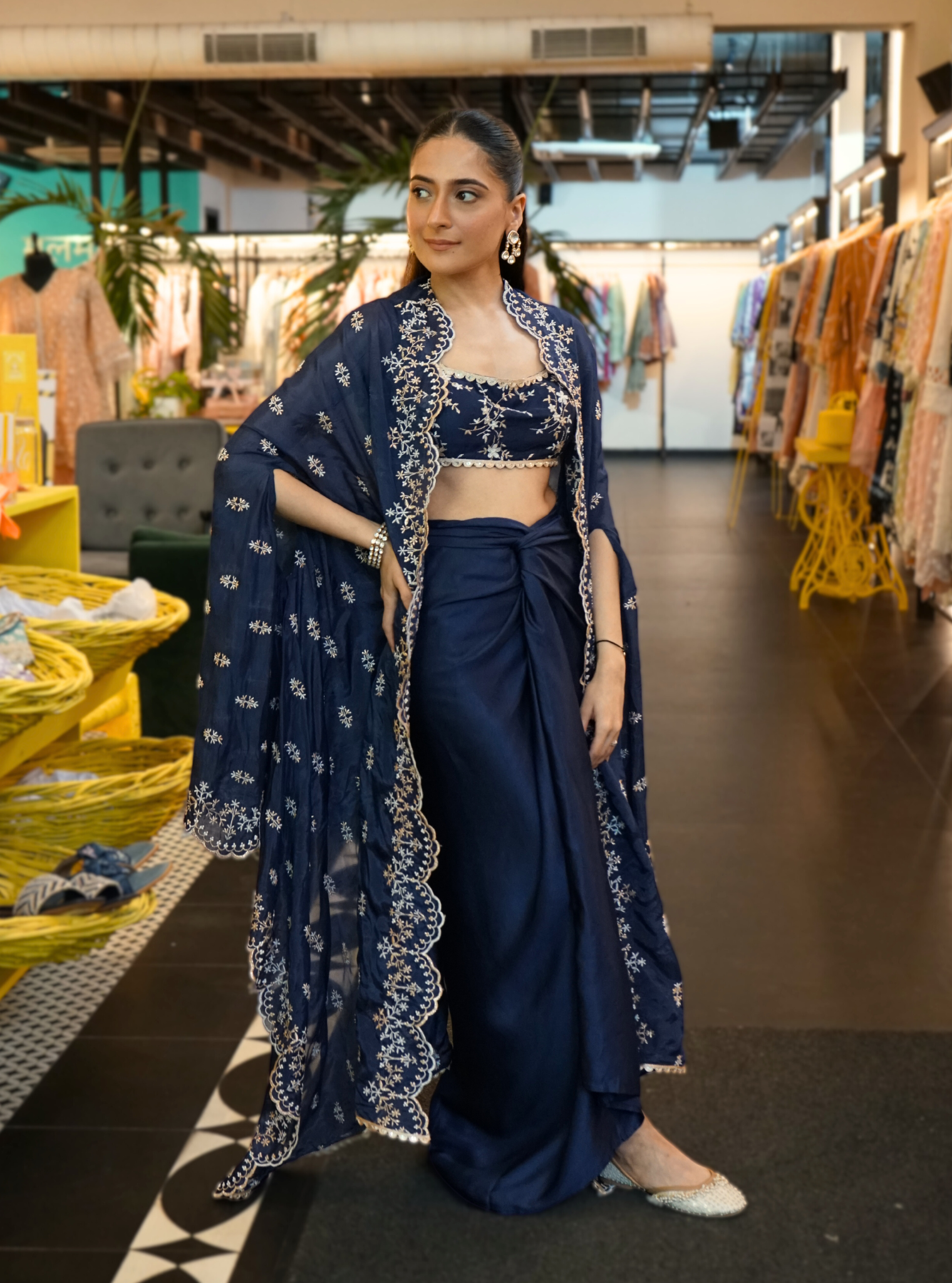 Mulmul HO Silk Saanware Navy Long Shrug With Mulmul Cupro Satin Saanware Navy Skirt