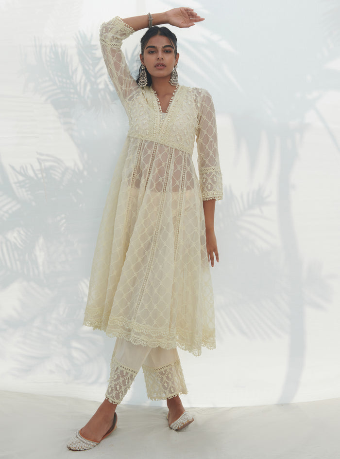 Mulmul Organza Anarkali Dori White Kurta