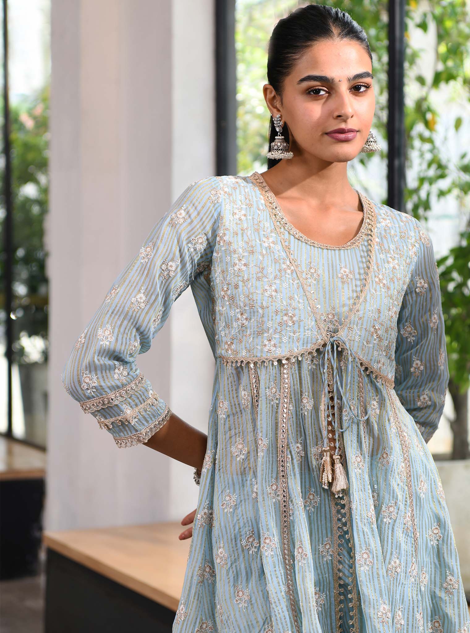 Mulmul Banarsi Finsbury Short Blue Anarkali  Kurta