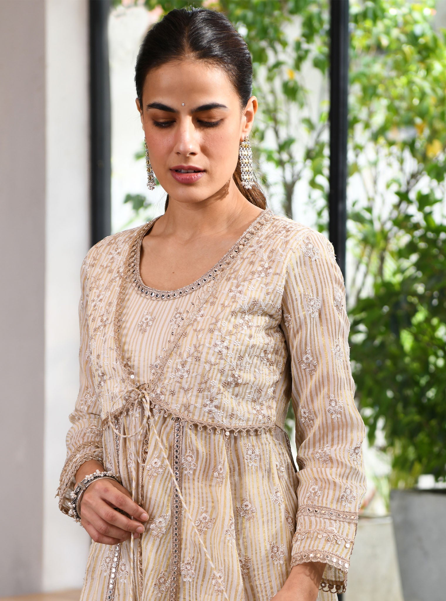 Mulmul Banarsi Finsbury Short Off White anarkali Kurta