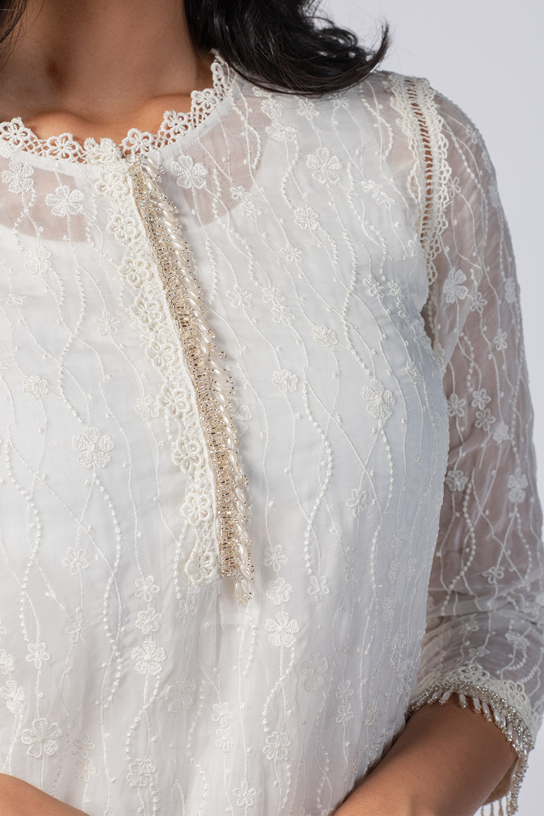 Freya Tencel Luxe Organza White Kurta with Supima Cotton Round Hem White Pant Set