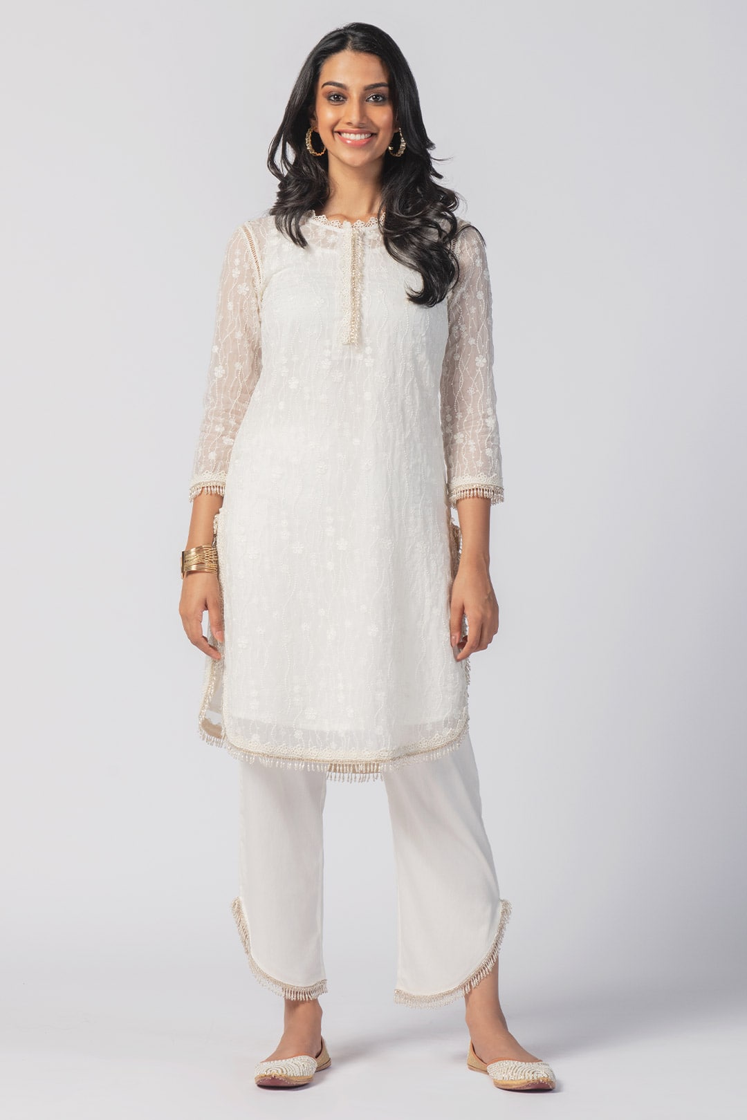 Freya Tencel Luxe Organza White Kurta with Supima Cotton Round Hem White Pant Set