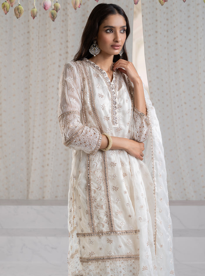 Mulmul Organza ILahi Off White Kurta