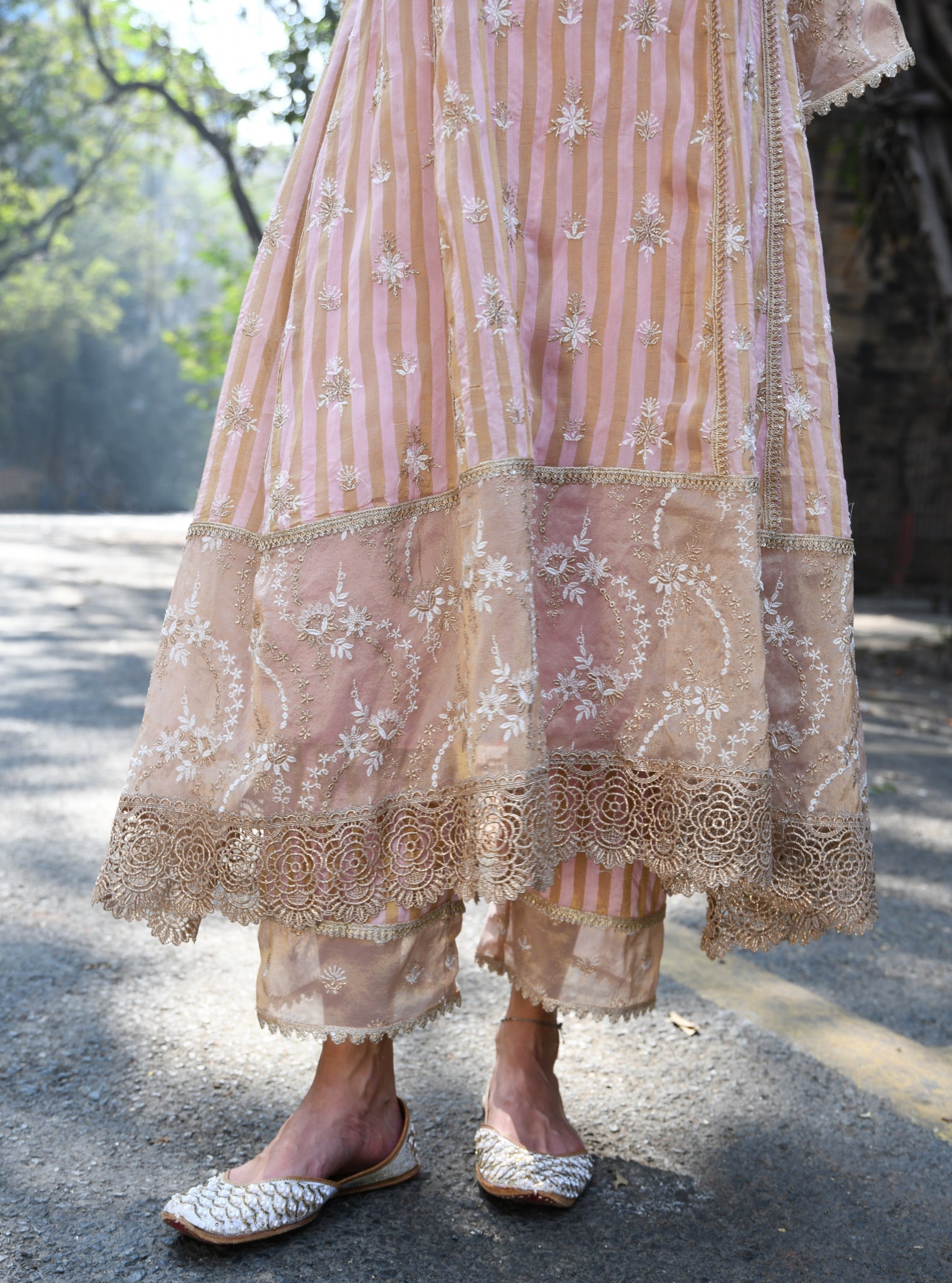 Mulmul Banarsi Kesar Light Pink Anarkali Kurta With Mulmul Banarsi Kesar Light Pink Pant