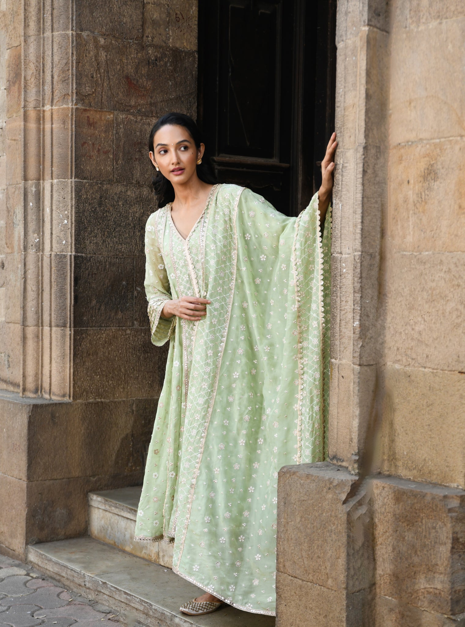 Mulmul Organza Palmer Green Anarkali Kurta With Mulmul Pima Palmer Green Pant