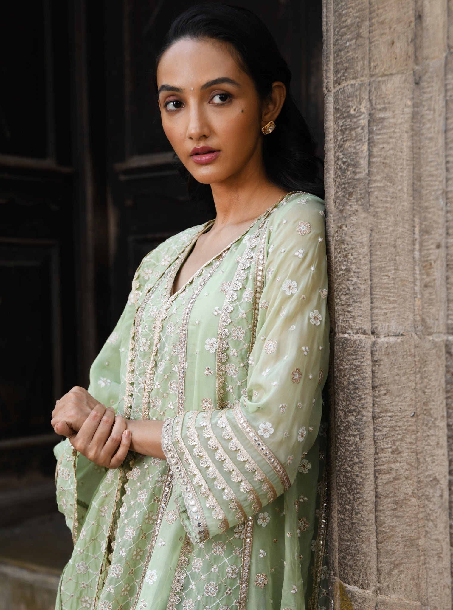 Mulmul Organza Palmer Green Anarkali Kurta With Mulmul Pima Palmer Green Pant