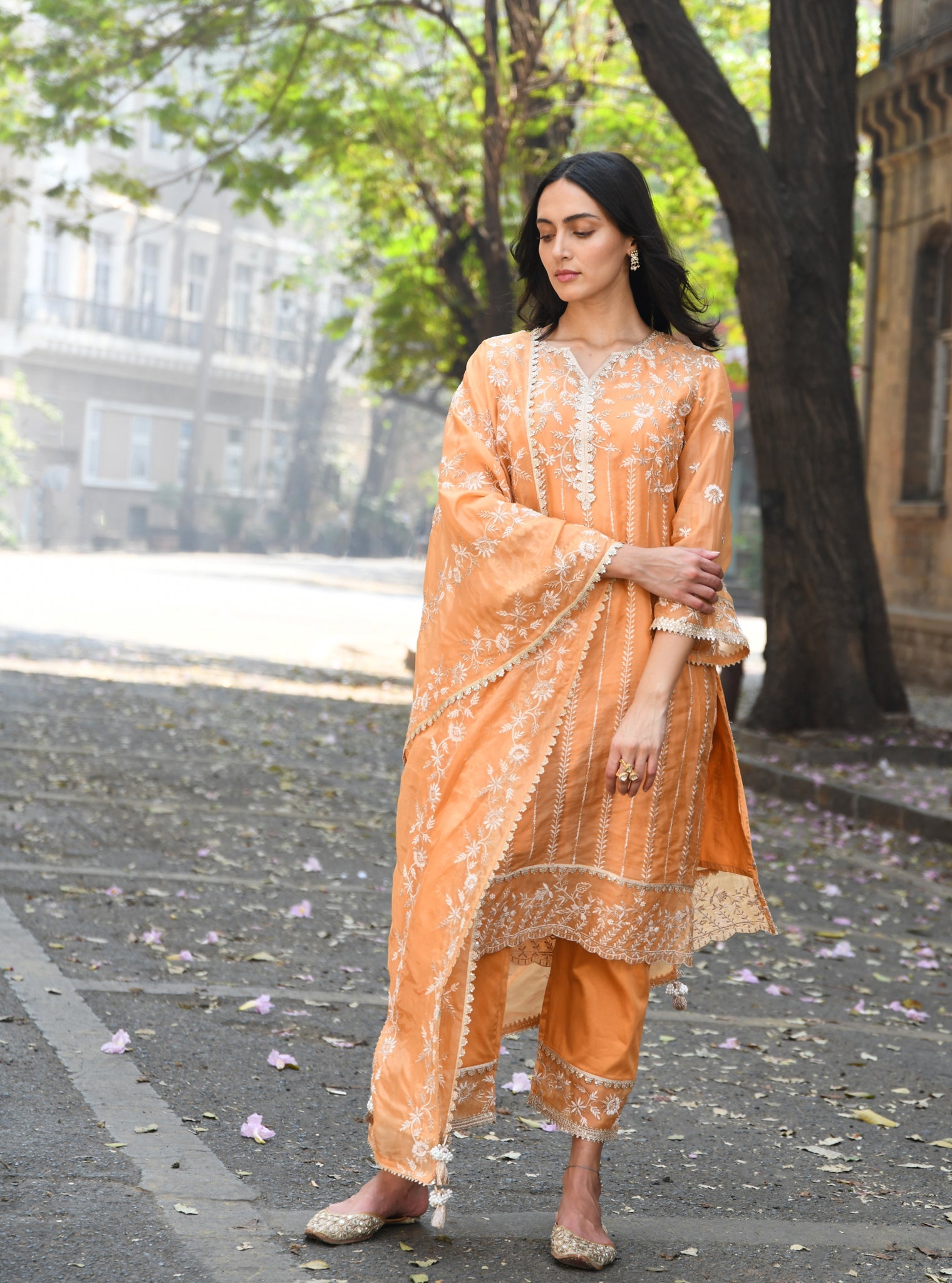 Mulmul Organza Amrapali Orange Kurta With Mulmul Pima Amrapali Orange Pant