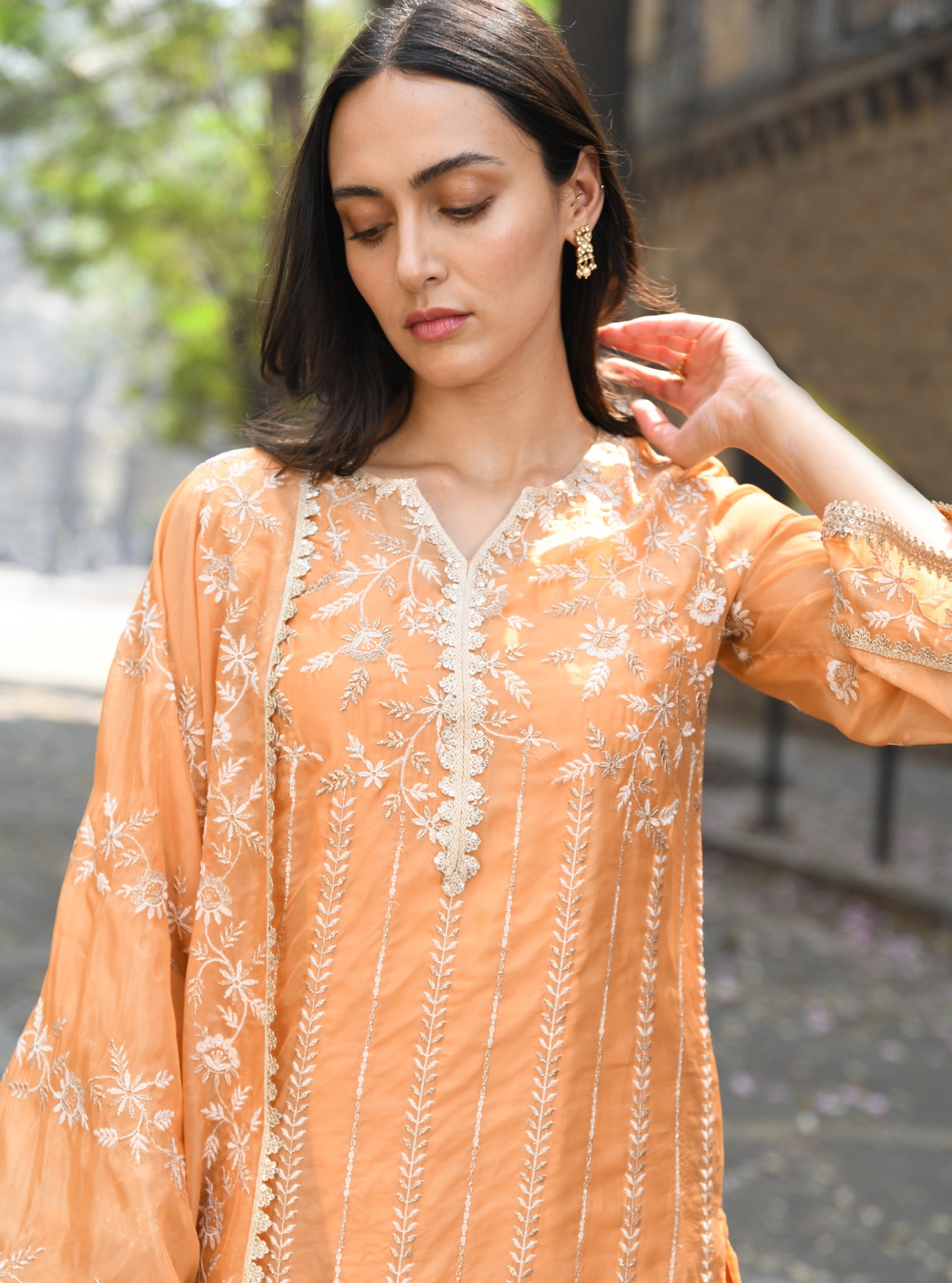 Mulmul Organza Amrapali Orange Kurta With Mulmul Pima Amrapali Orange Pant