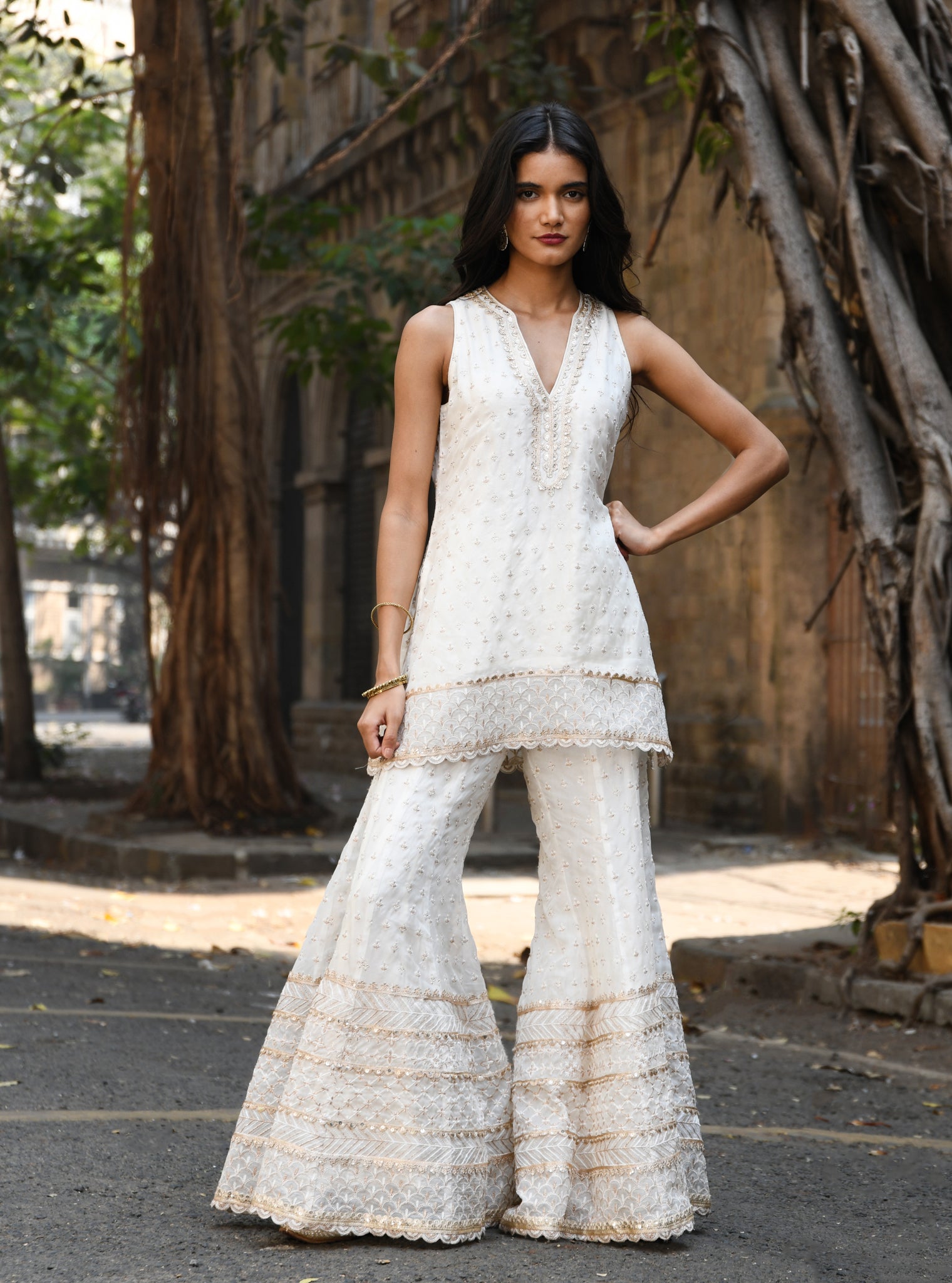 Mulmul Organza Sangli Off White Kurta With Mulmul Organza Sangli Off White Sharara