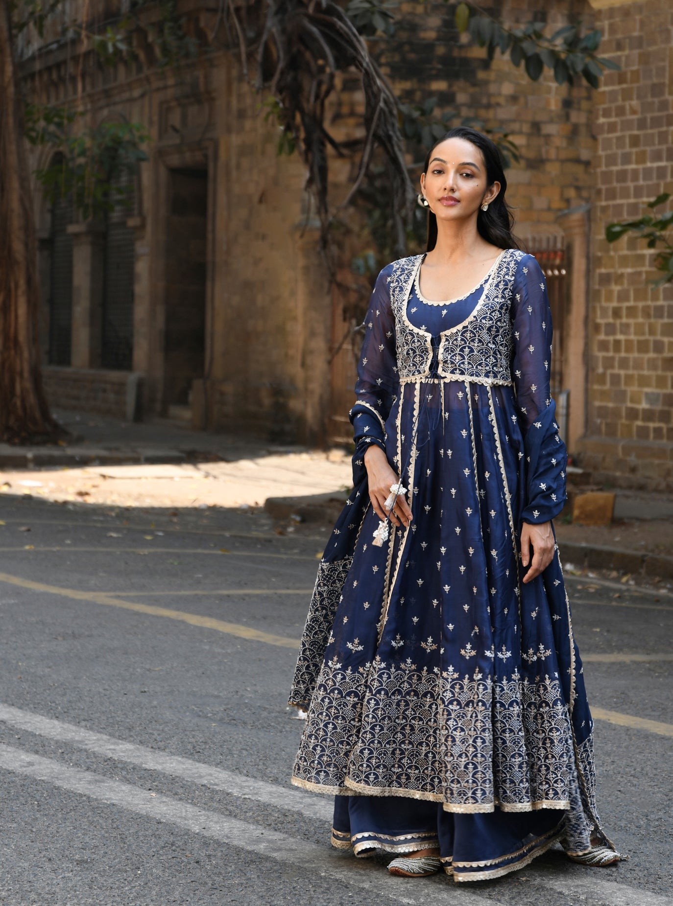 Mulmul Organza Sheri Navy Anarkali Kurta With Mulmul Organza Sheri Navy Sharara