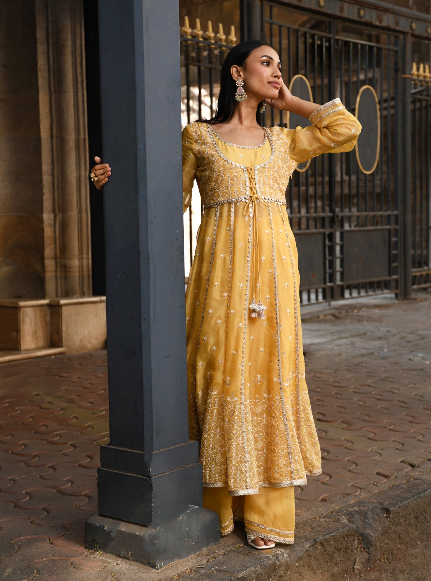 Mulmul Organza Sheri Yellow Anarkali Kurta With Mulmul Organza Sheri Yellow Sharara