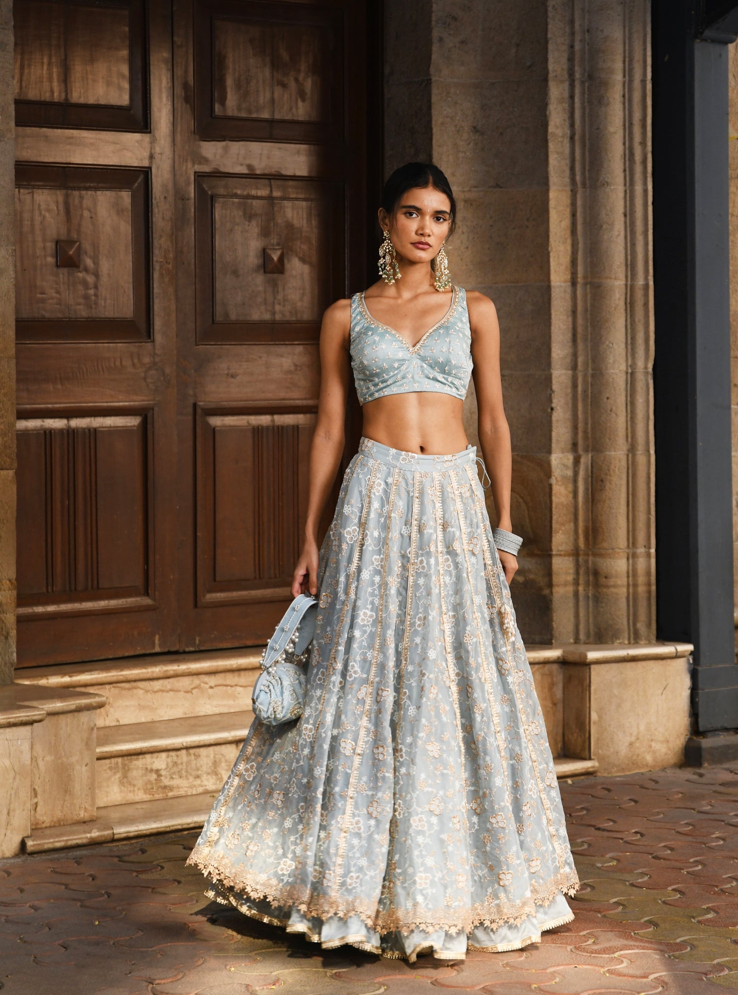 Mulmul Organza Bimli Light Blue Lehenga With Mulmul Luxe Silk Bimli Light Blue Dupatta