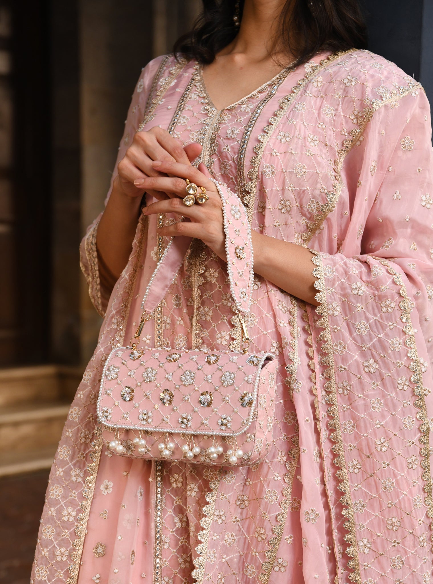 Mulmul Organza Palmer Light Pink Anarkali Kurta With Mulmul Pima Palmer Light Pink Pant