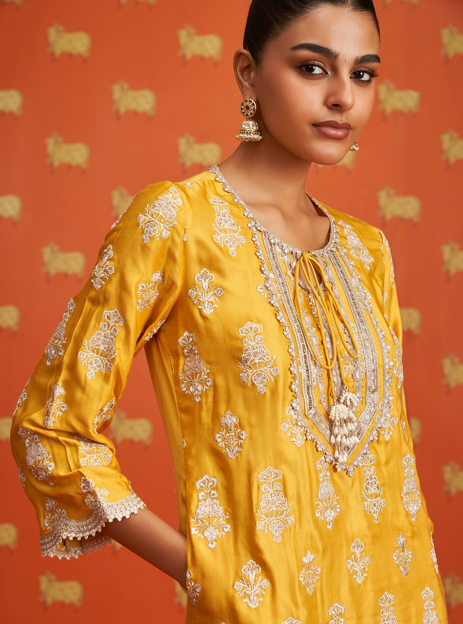 Mulmul Cupro Satin Intira Yellow Kurta With Mulmil Cupro Satin Intira Yellow Pant