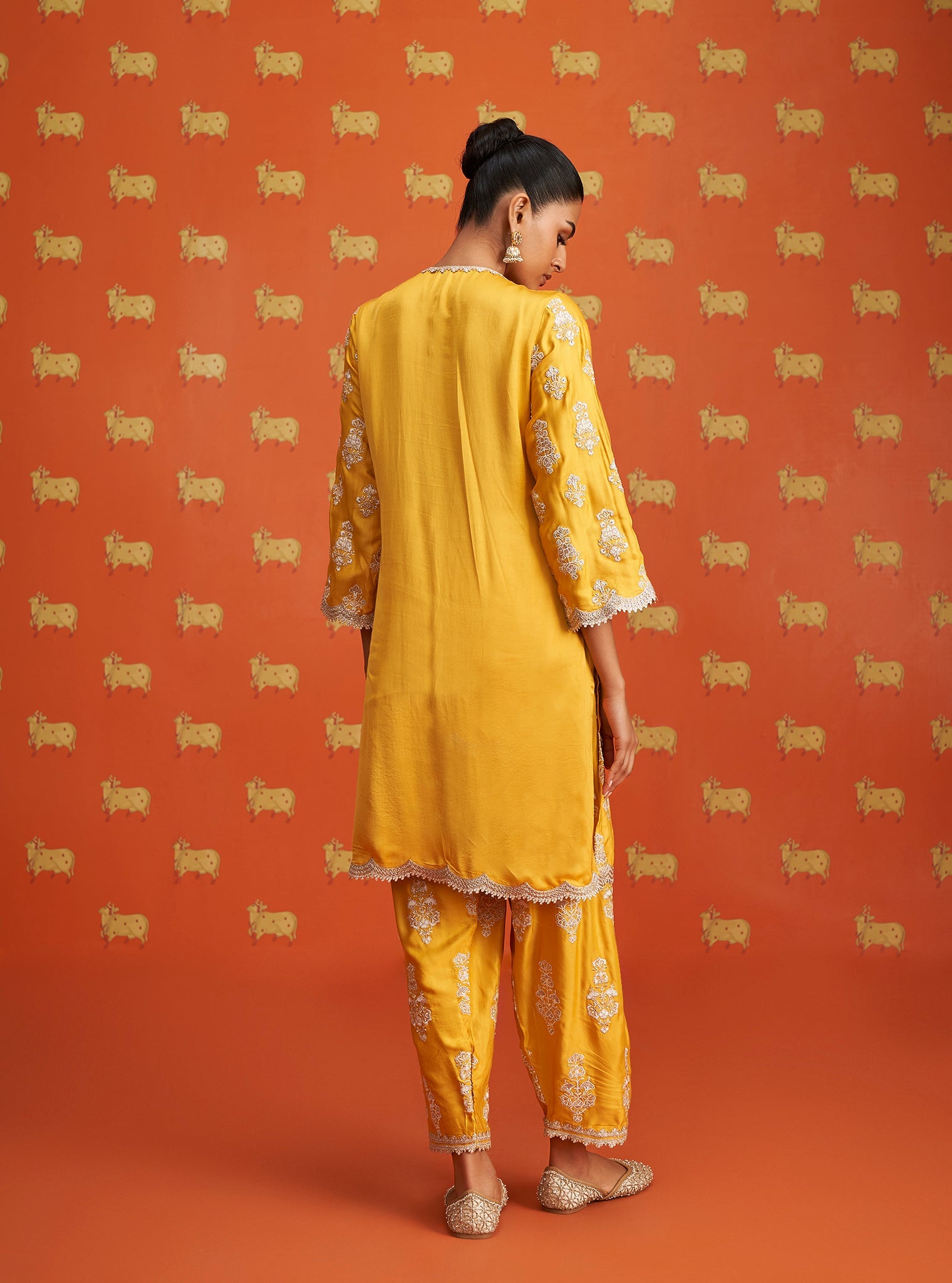 Mulmul Cupro Satin Intira Yellow Kurta With Mulmil Cupro Satin Intira Yellow Pant