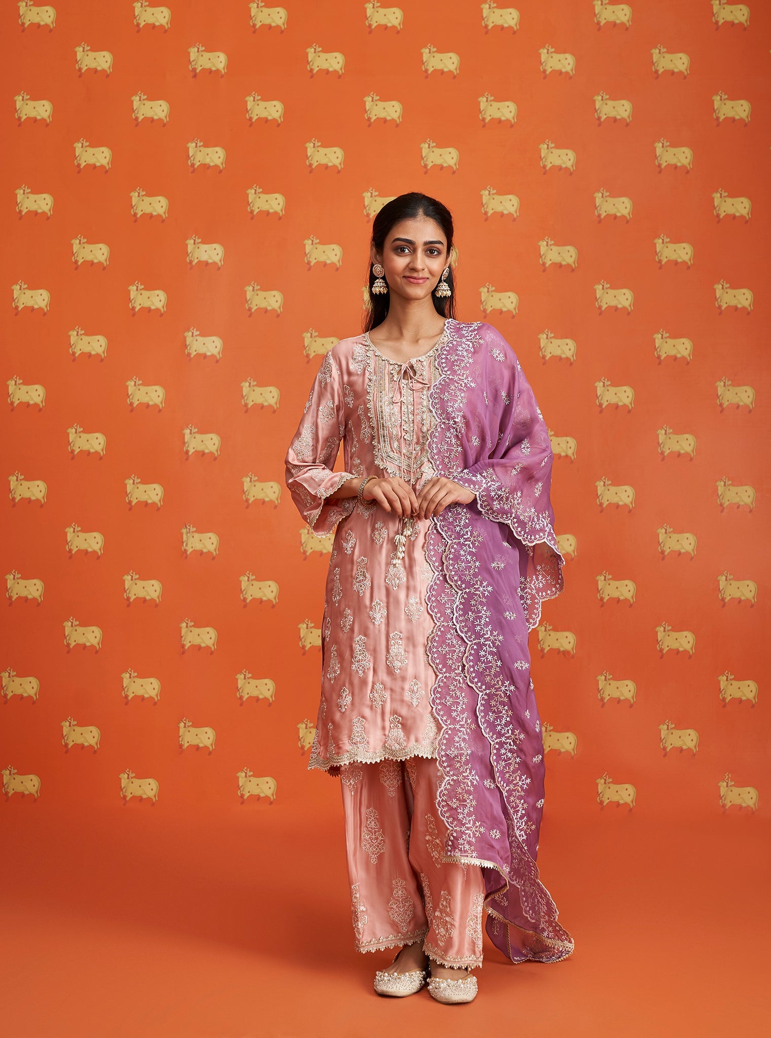 Mulmul Cupro Satin Intira Pink Kurta With Mulmil Cupro Satin Intira Pink Pant