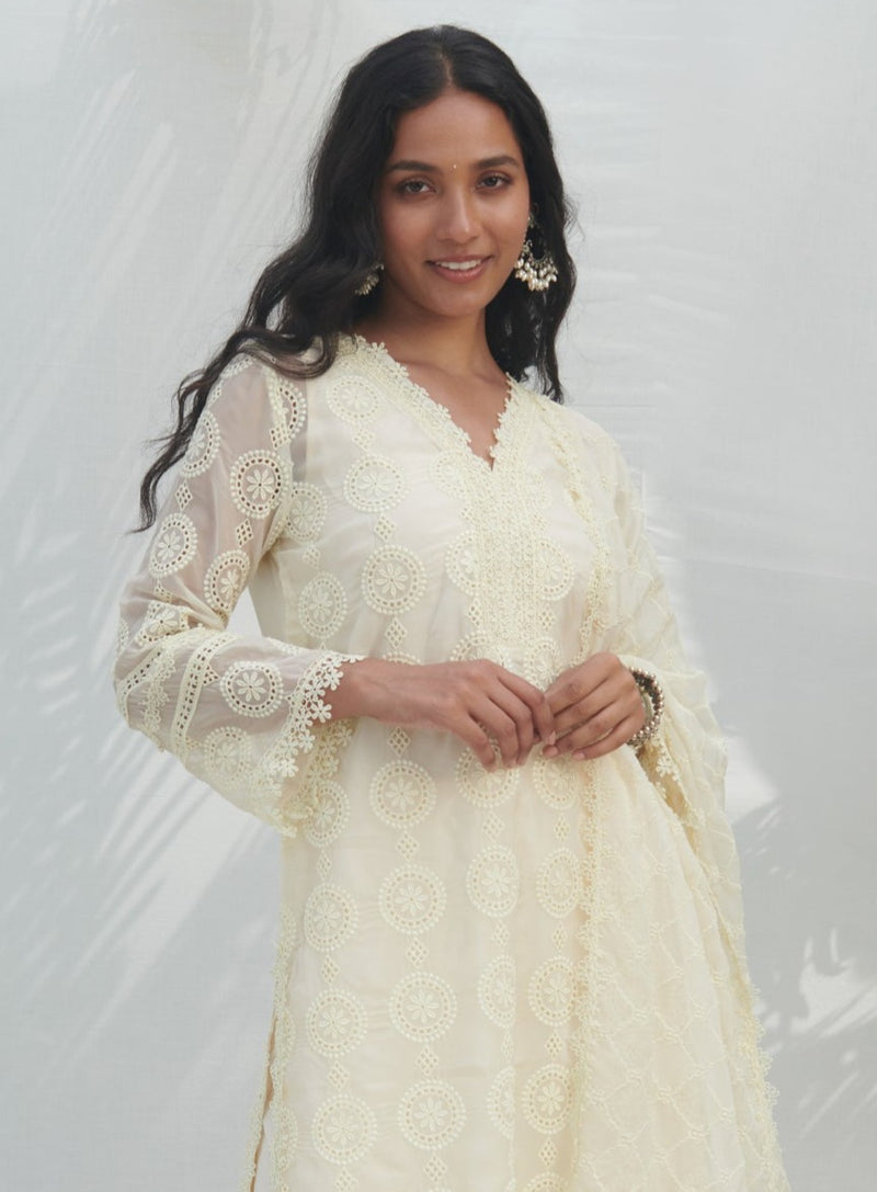 Mulmul Organza Nelli White Kurta
