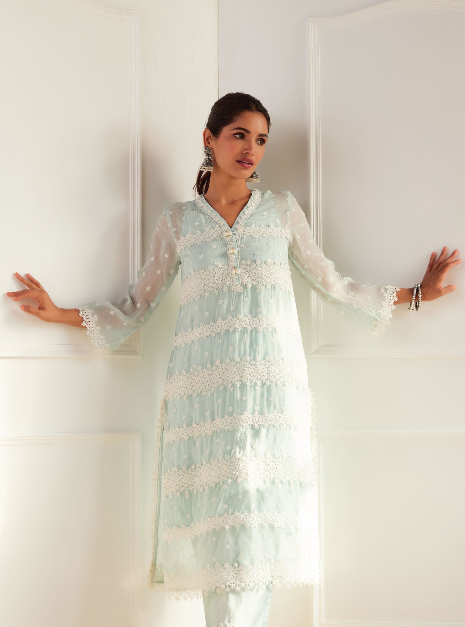 Mulmul Organza Nessa Light Blue Kurta With Mulmul Cotton Nessa Light Blue Pant