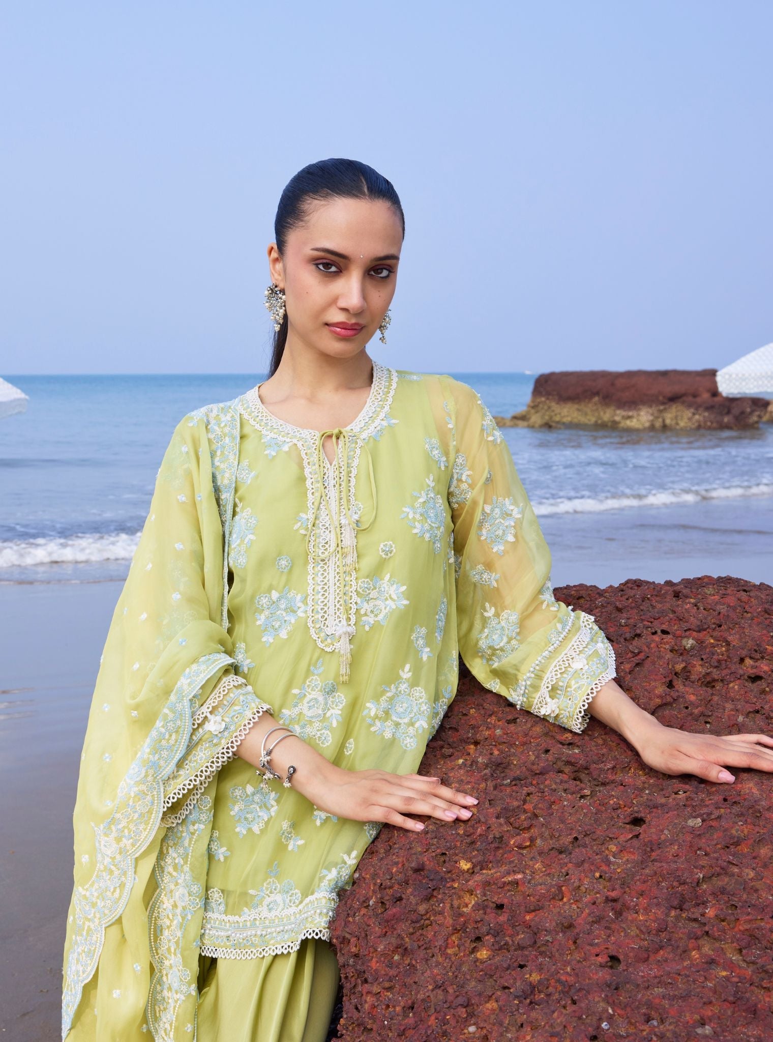 Zeni Organza Lime Kurta With Draped Cupro Pants