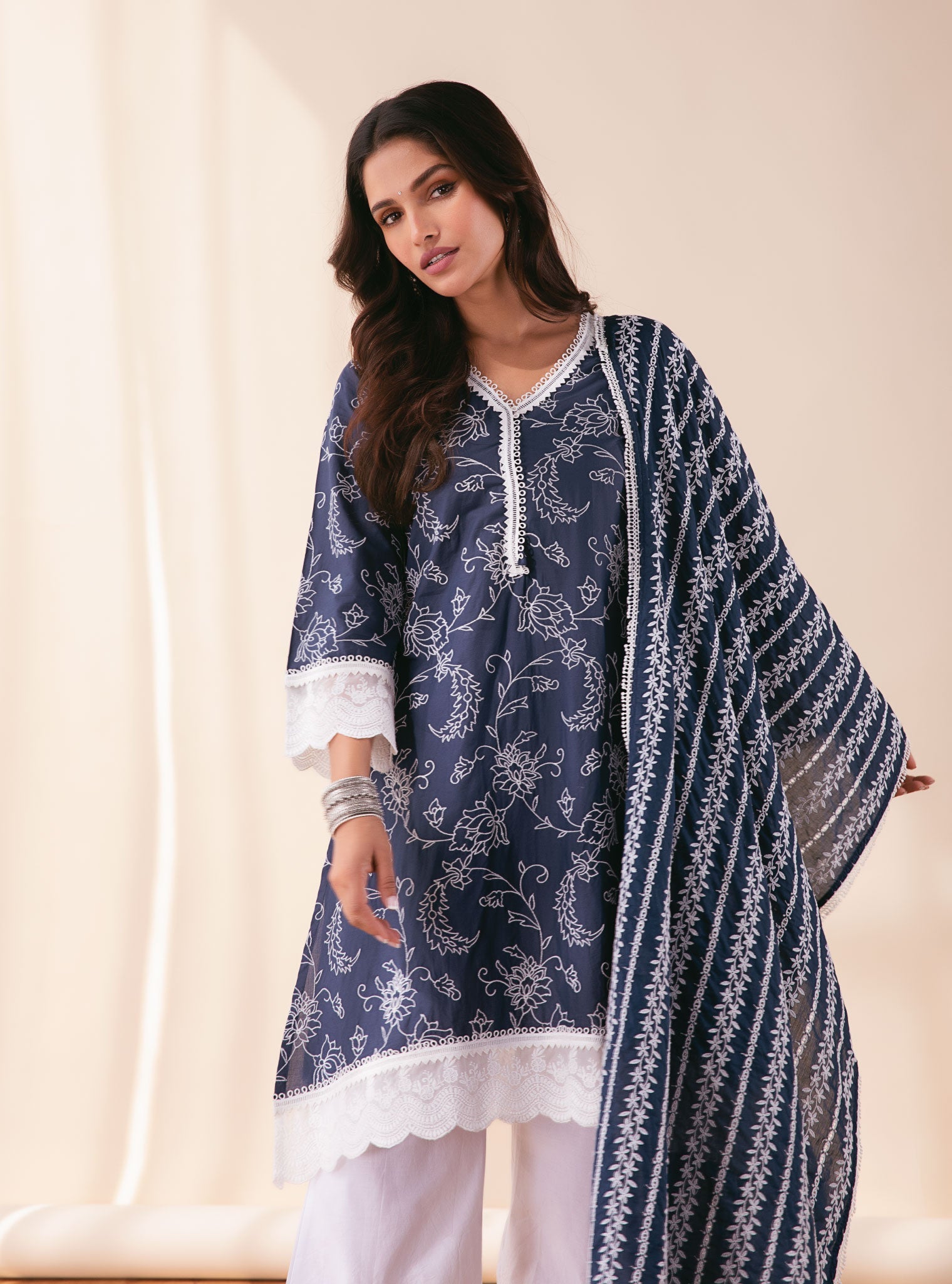 Mulmul Cotton Pixie Navy Kurta With Emb Bellbottom Pyajama