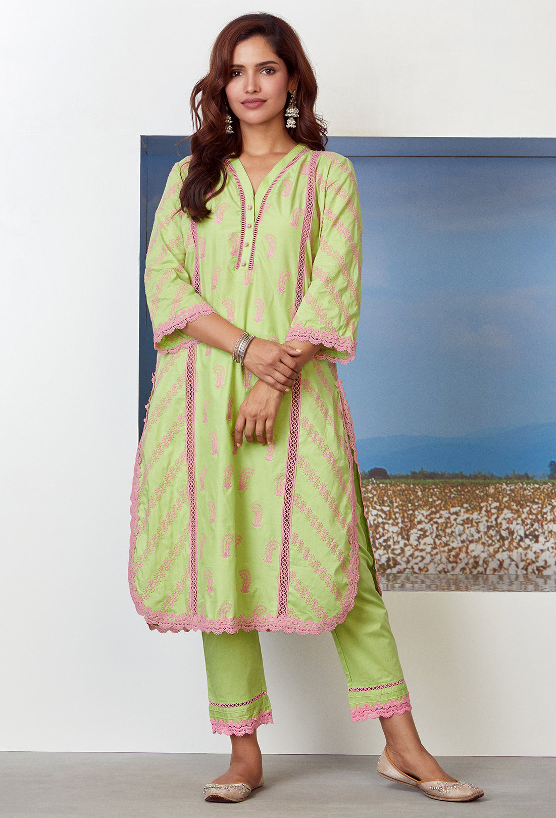 Mulmul Supima Cotton Rhinestone Green Kurta