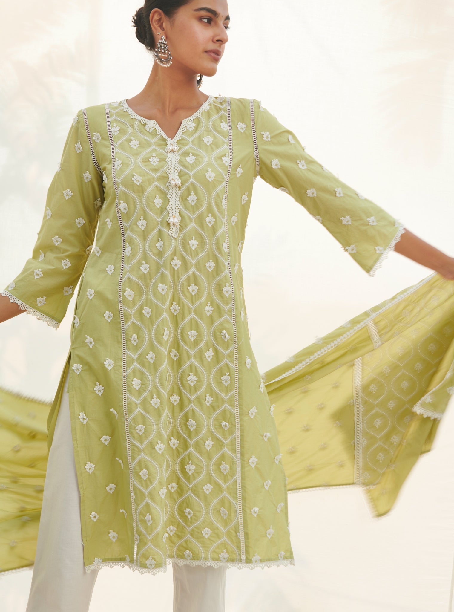 Mulmul Supima Cotton Pilerne Lime Dupatta