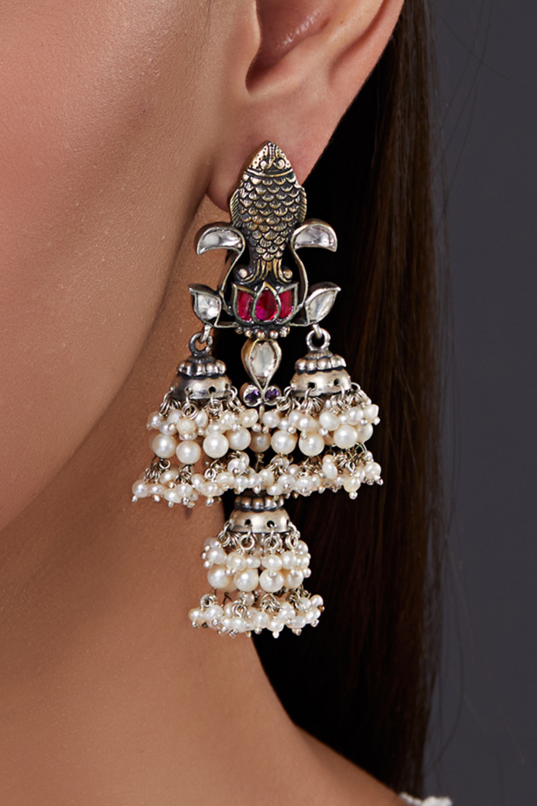 Pure Silver Fish Lotus Jhumkas