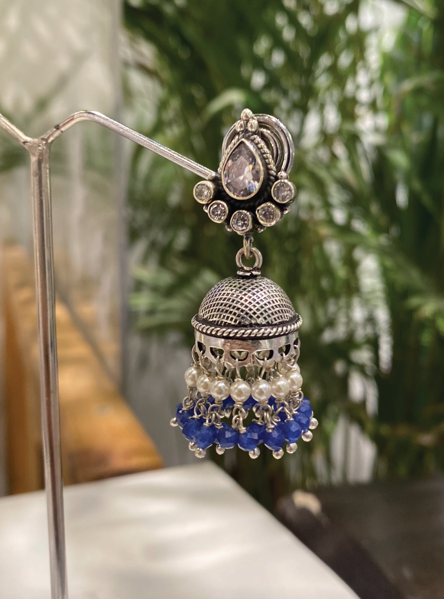 Pure Silver Stone Antique Jhumki Earrings