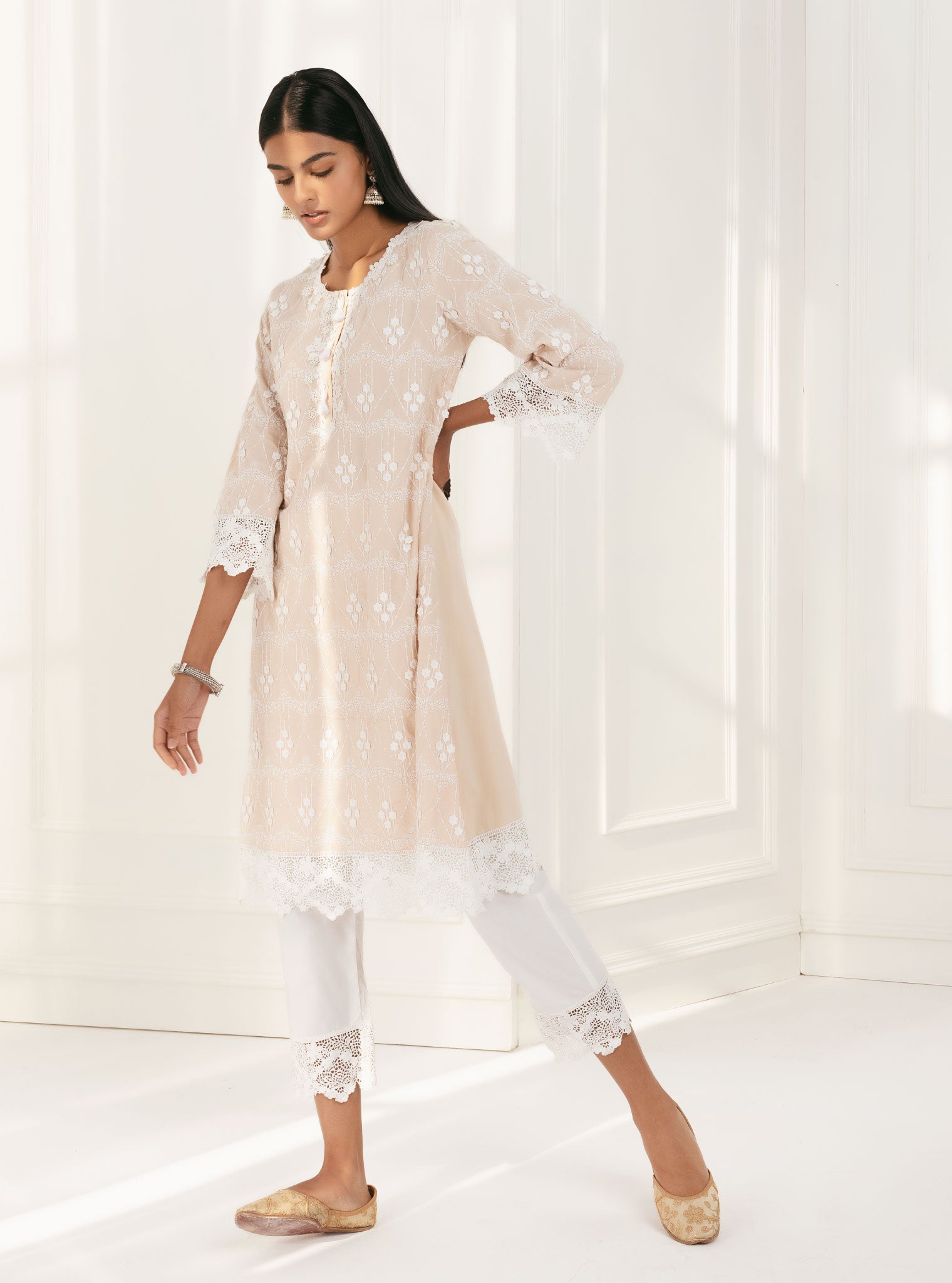 Mulmul Supima Cotton Tirchy Beige Kurta