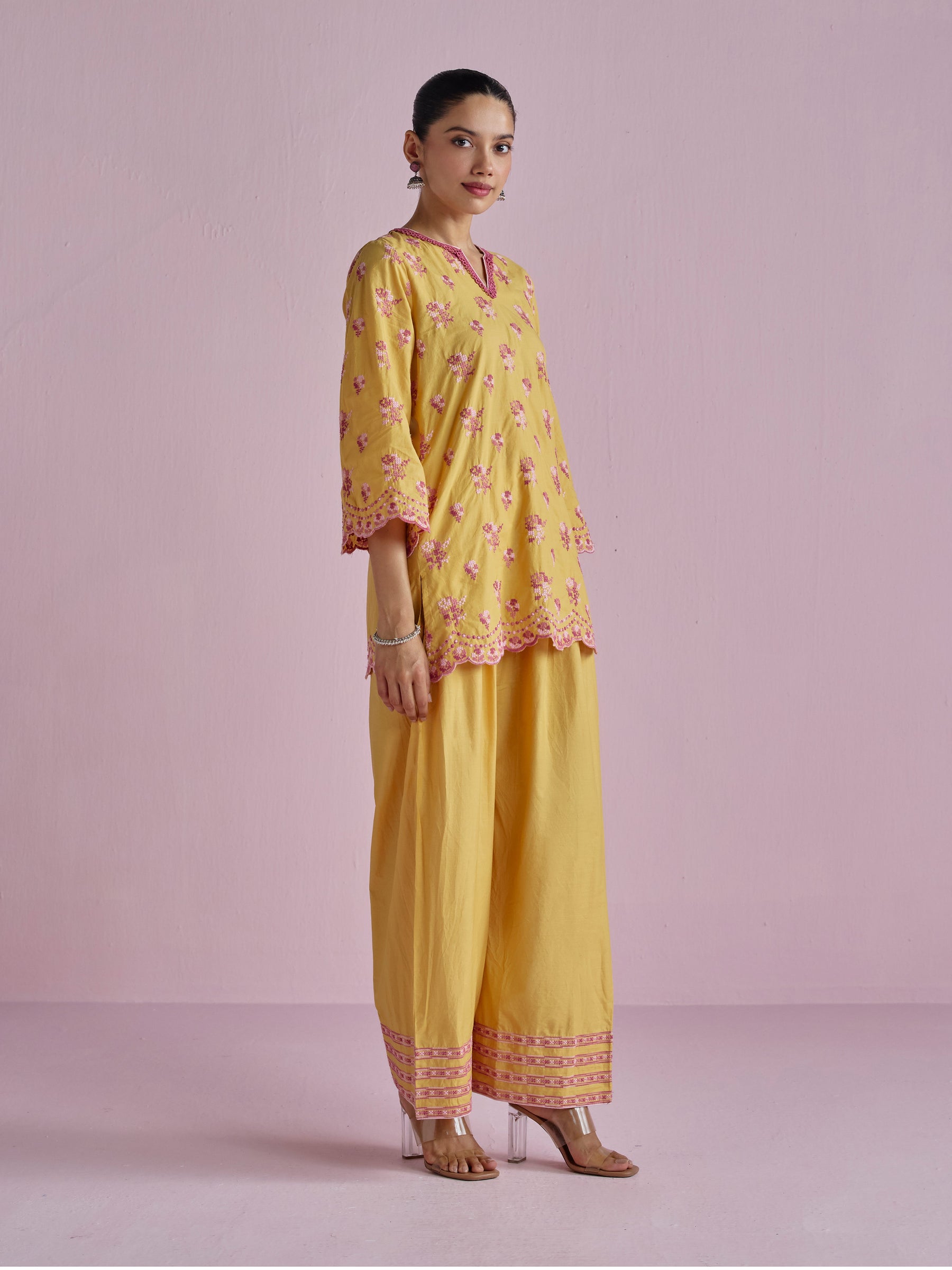 Aviya Supima Cotton Yellow Kurta With Farshi Salwar