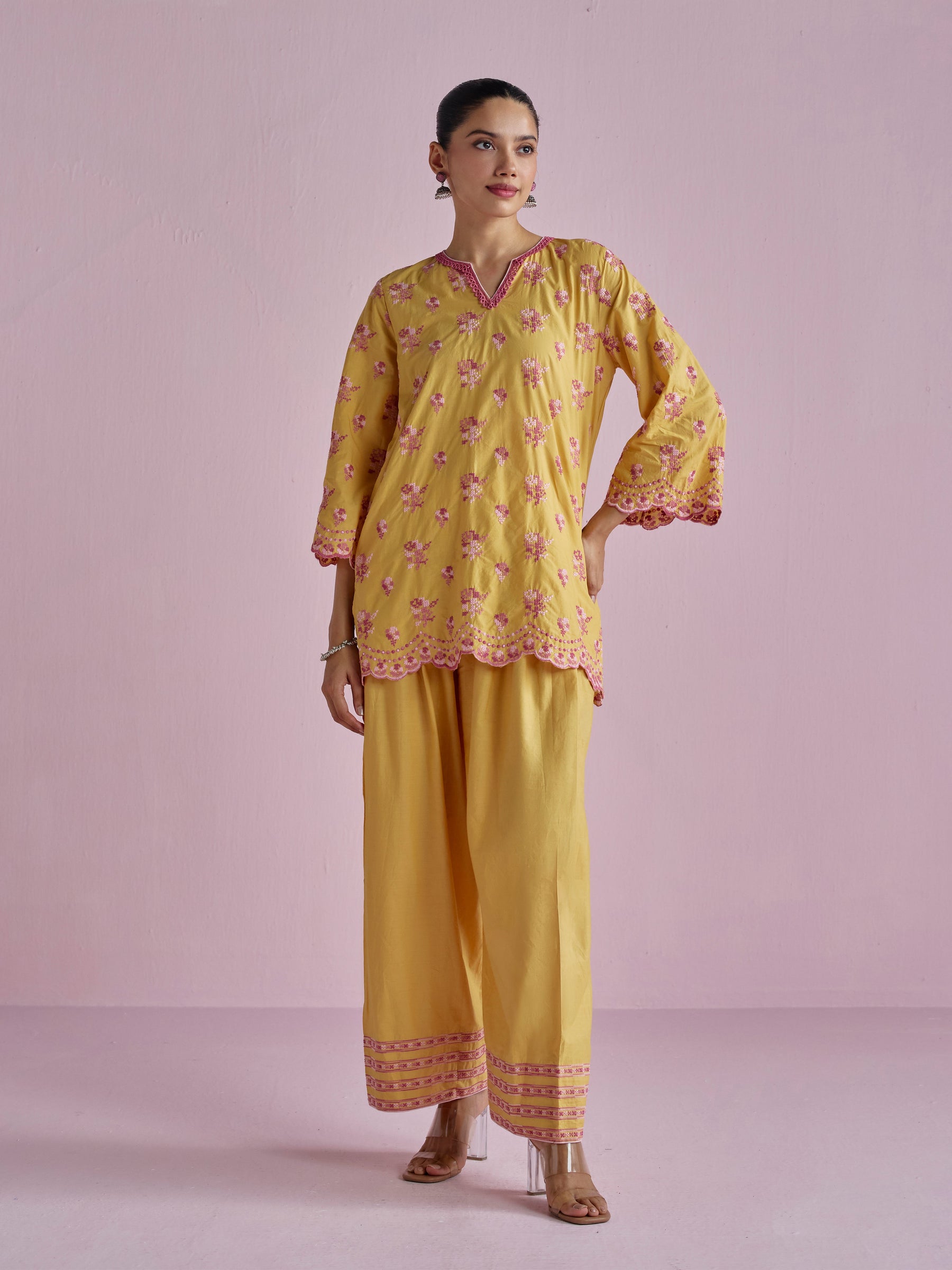 Aviya Supima Cotton Yellow Kurta With Farshi Salwar