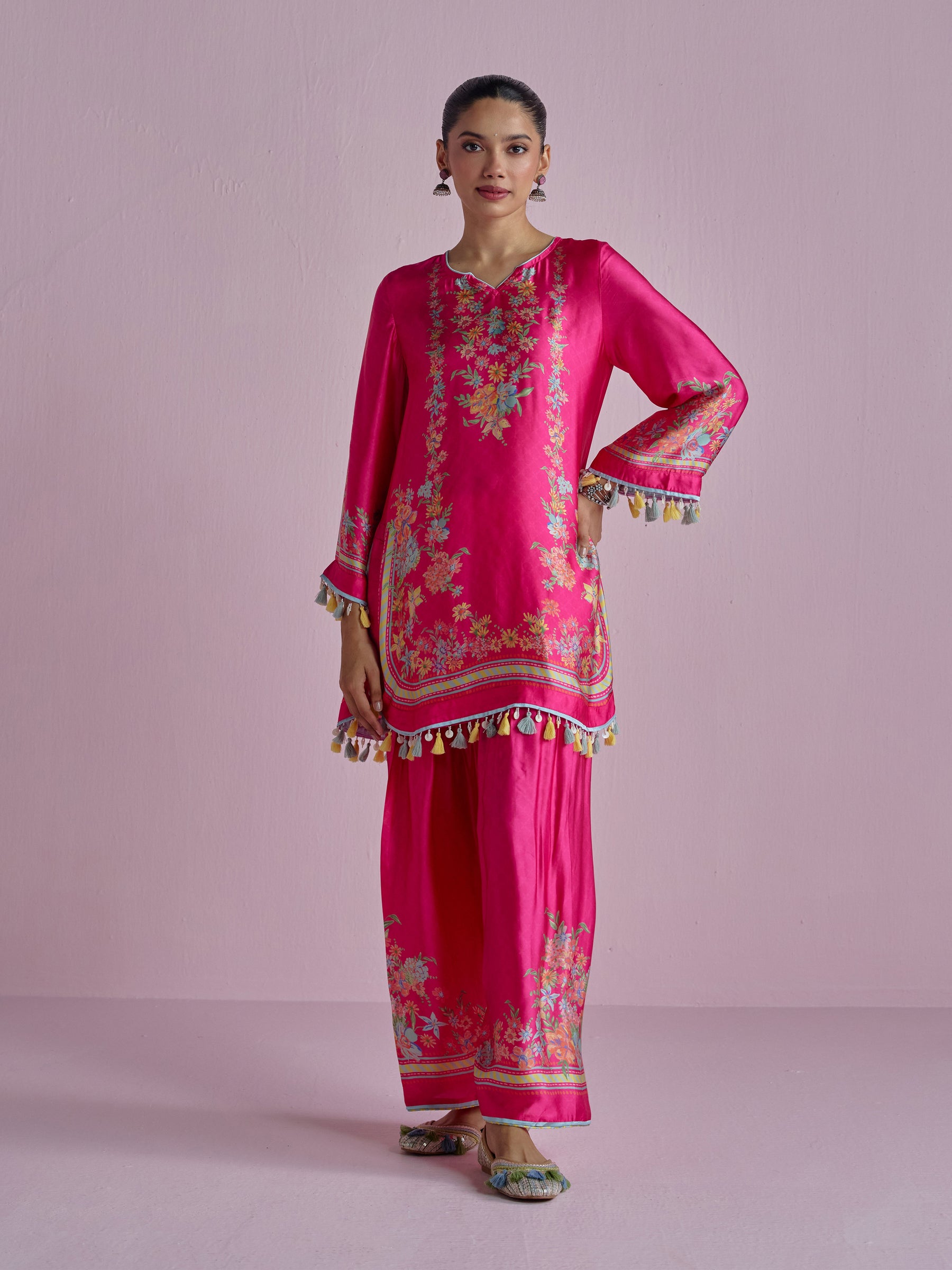 Zivae Cupro Satin Printed Fuchsia Kurta Set