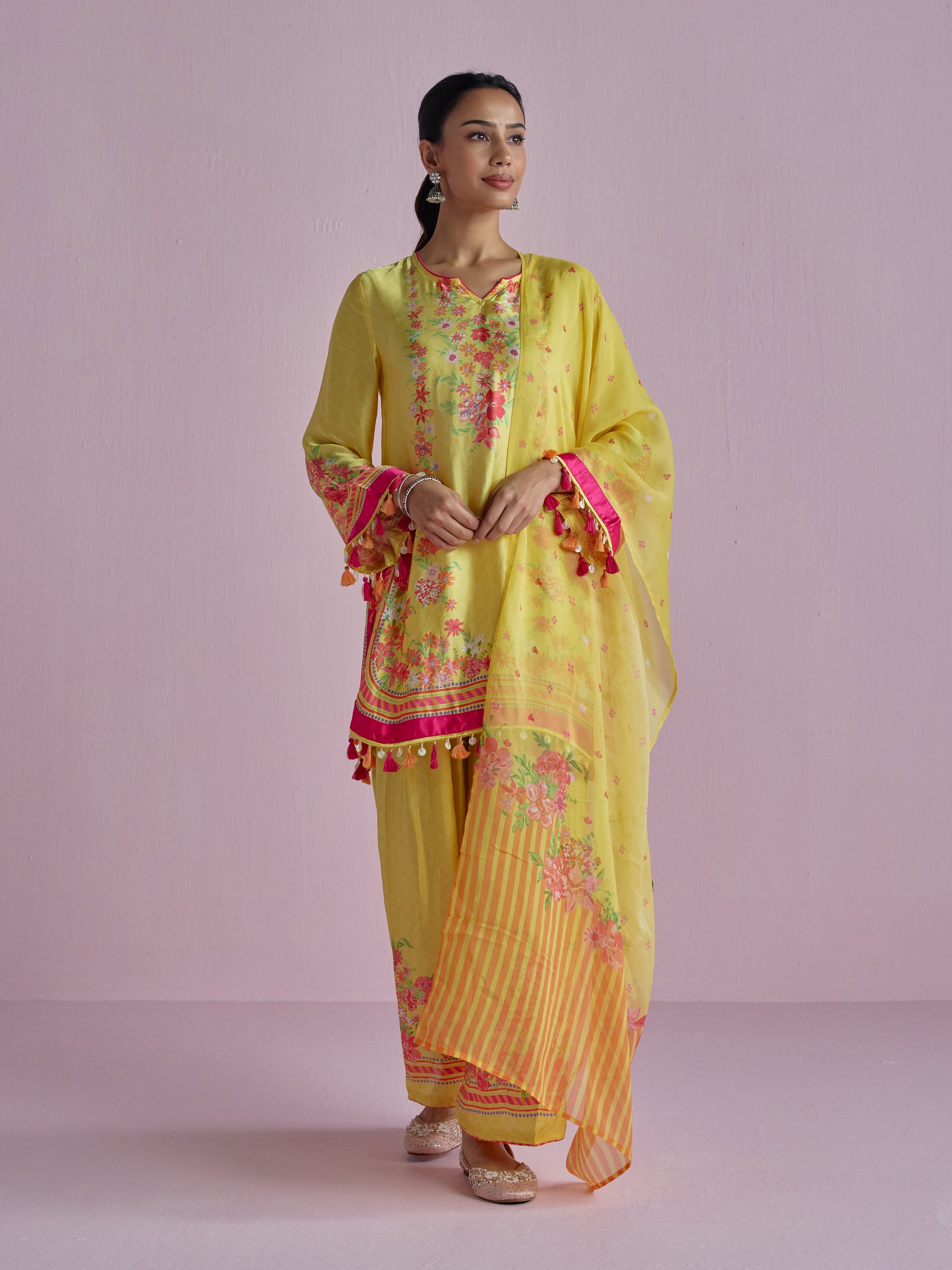 Zivae Cupro Satin Printed Yellow Kurta Set