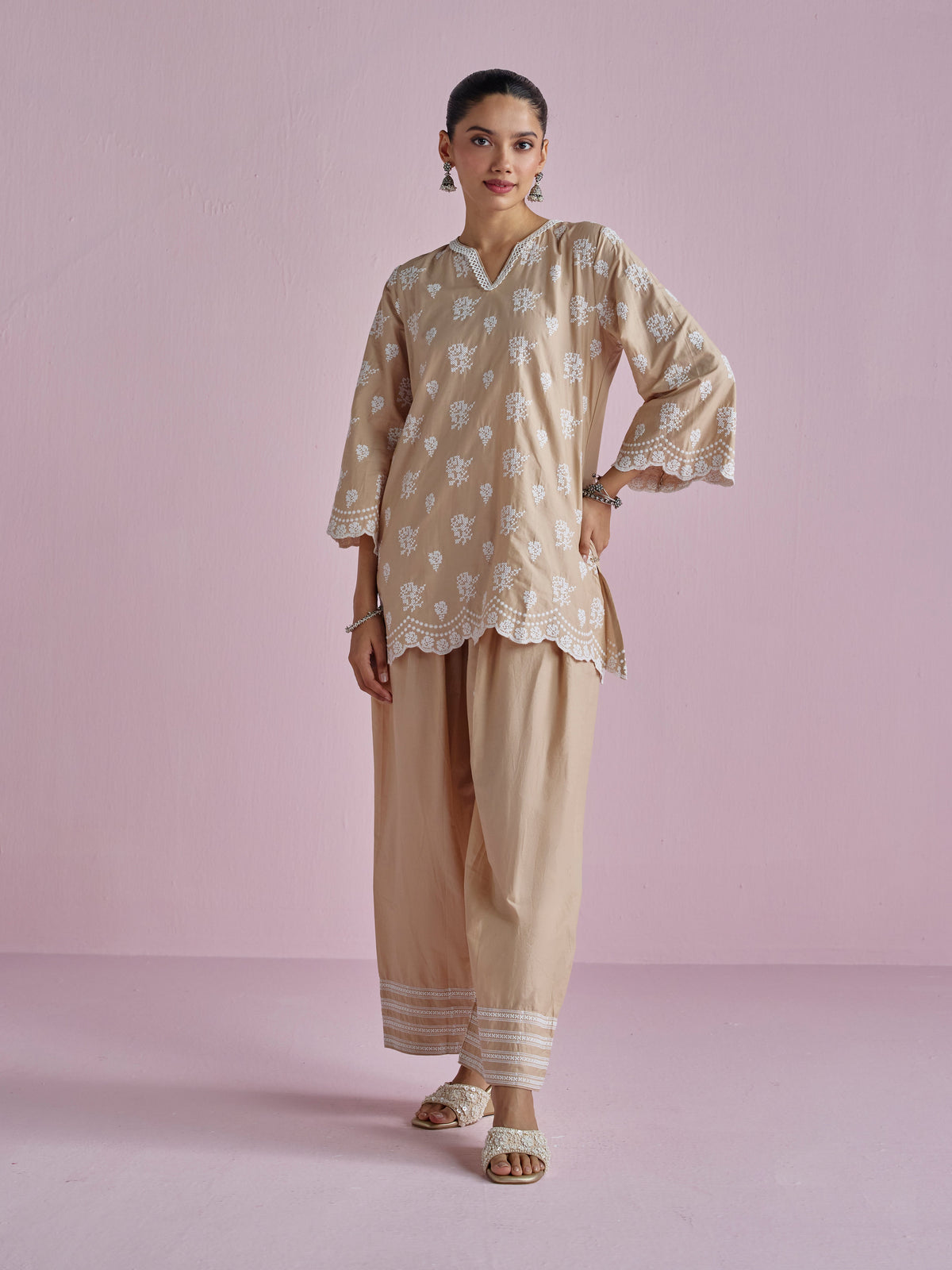 Aviya Supima Cotton Beige Kurta With Farshi Salwar