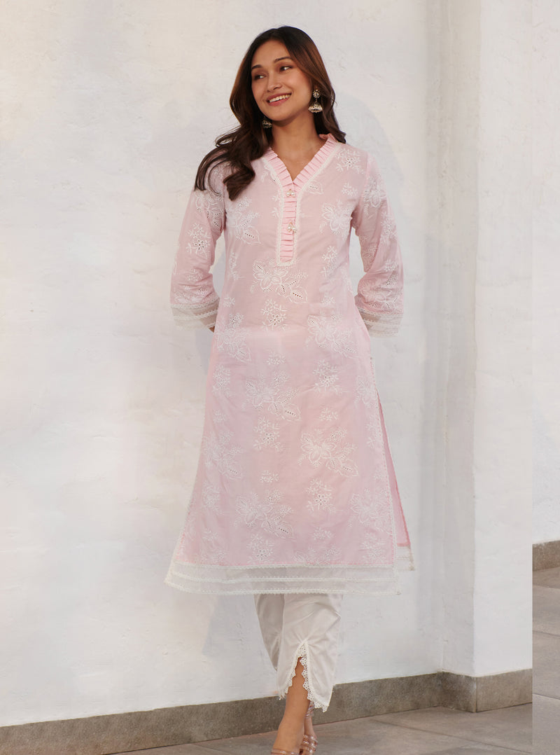 Mulmul Supima Cotton Verlem pink kurta