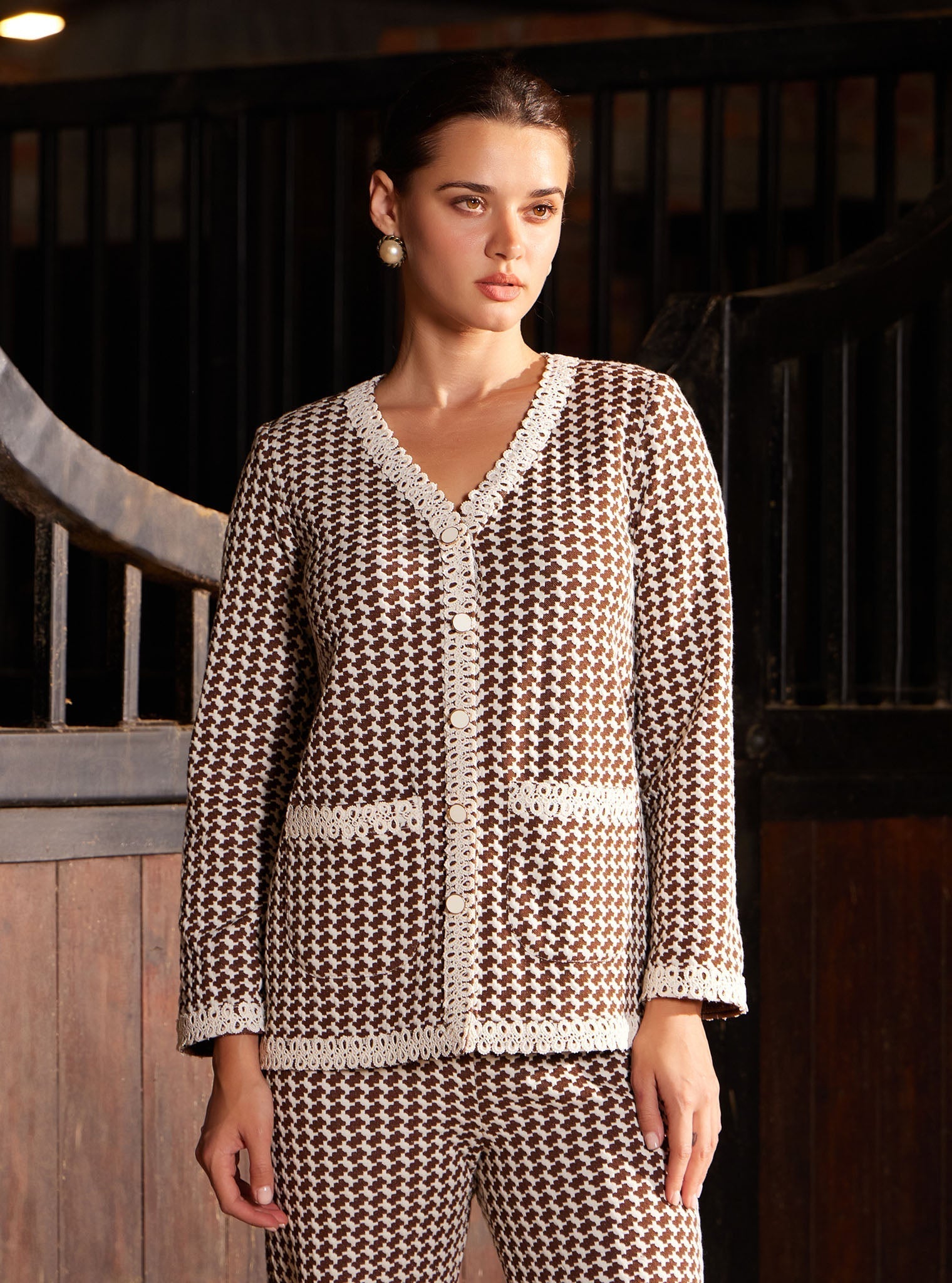 Larisa Houndstooth Brown Top