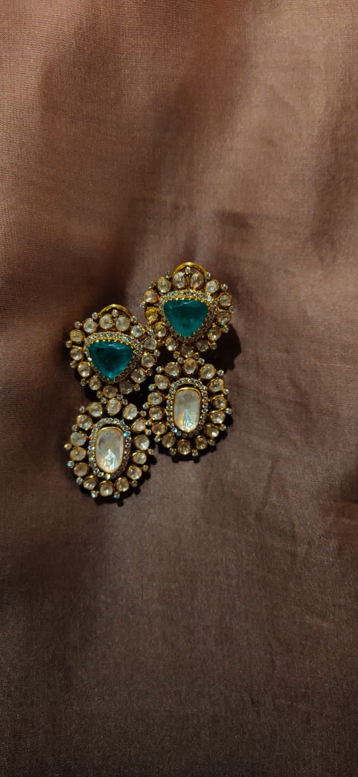 Pure Silver Polki Emerald Earrings