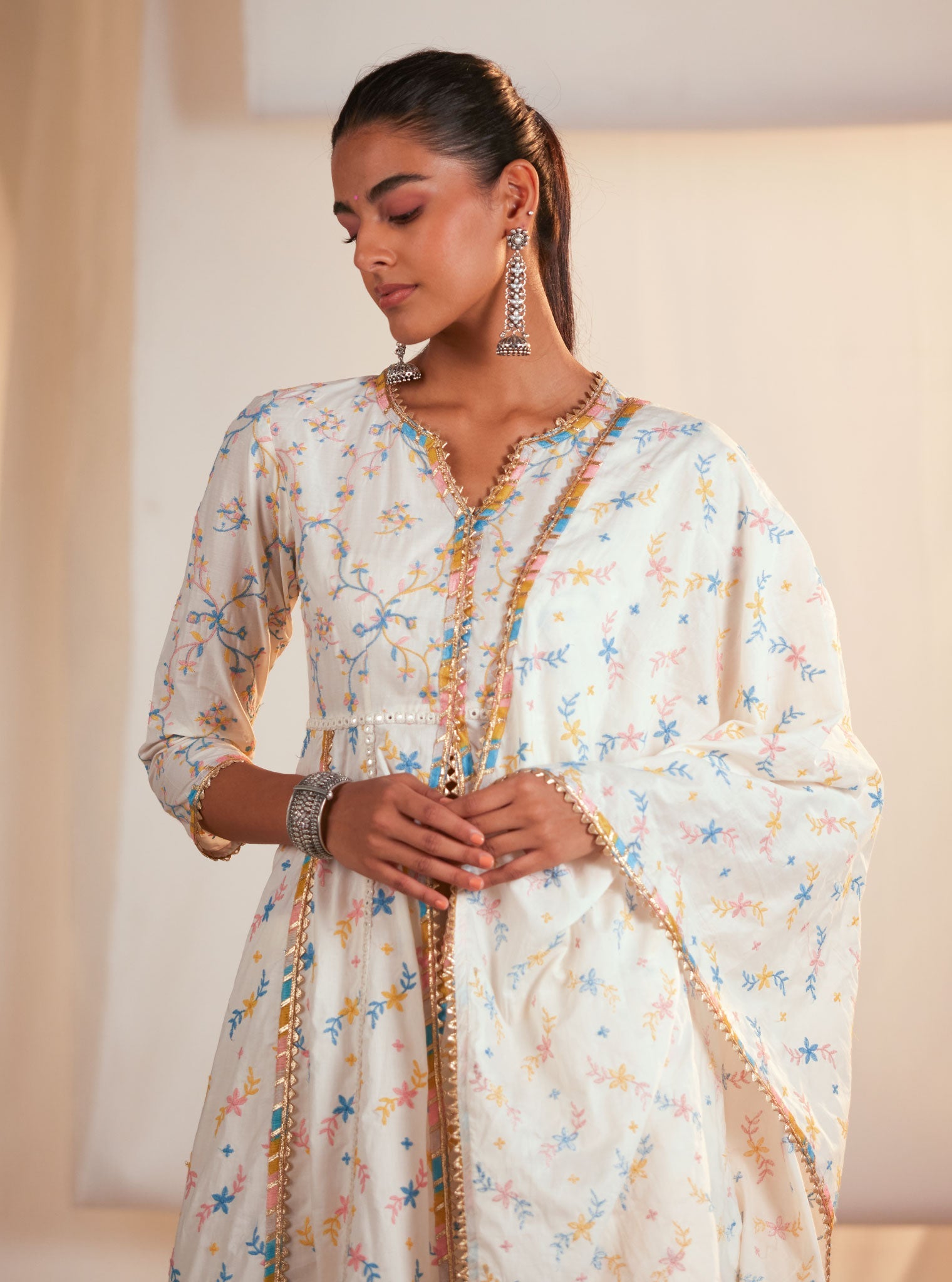 Mulmul Supima Cotton Carrie Off White/Yellow Dupatta