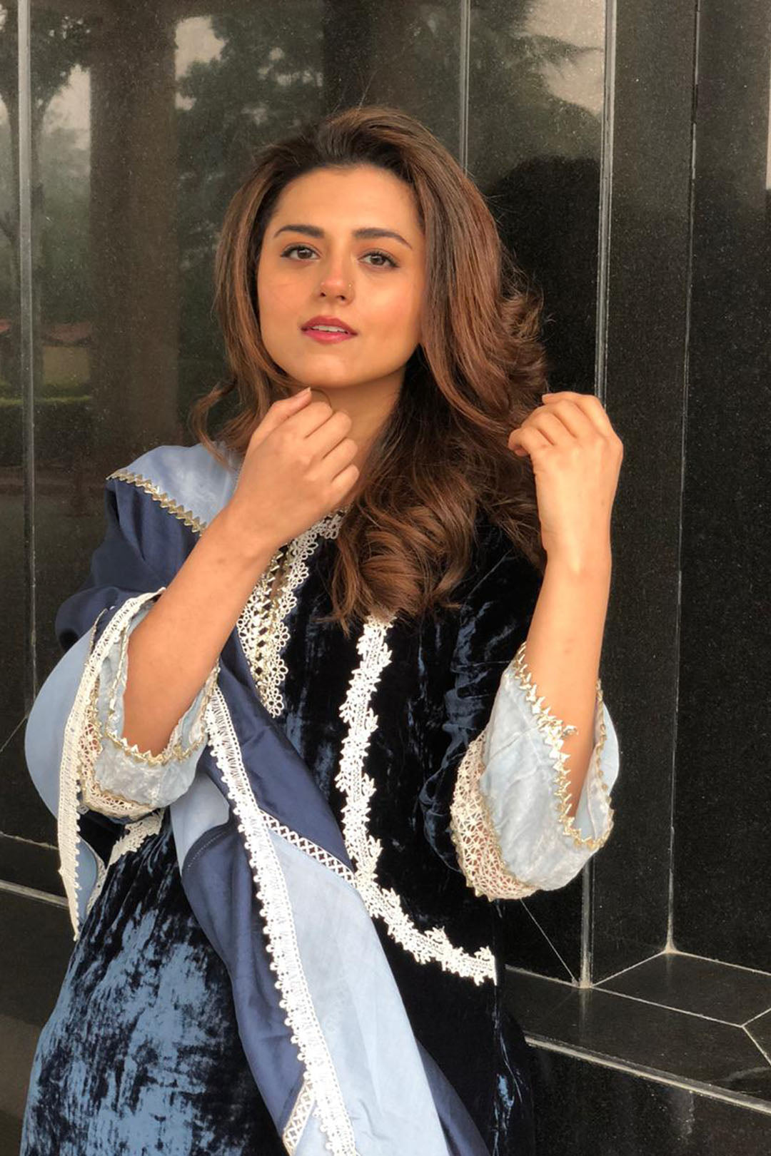 Makhmal Birch Kurta with Olive Navy Pyajama