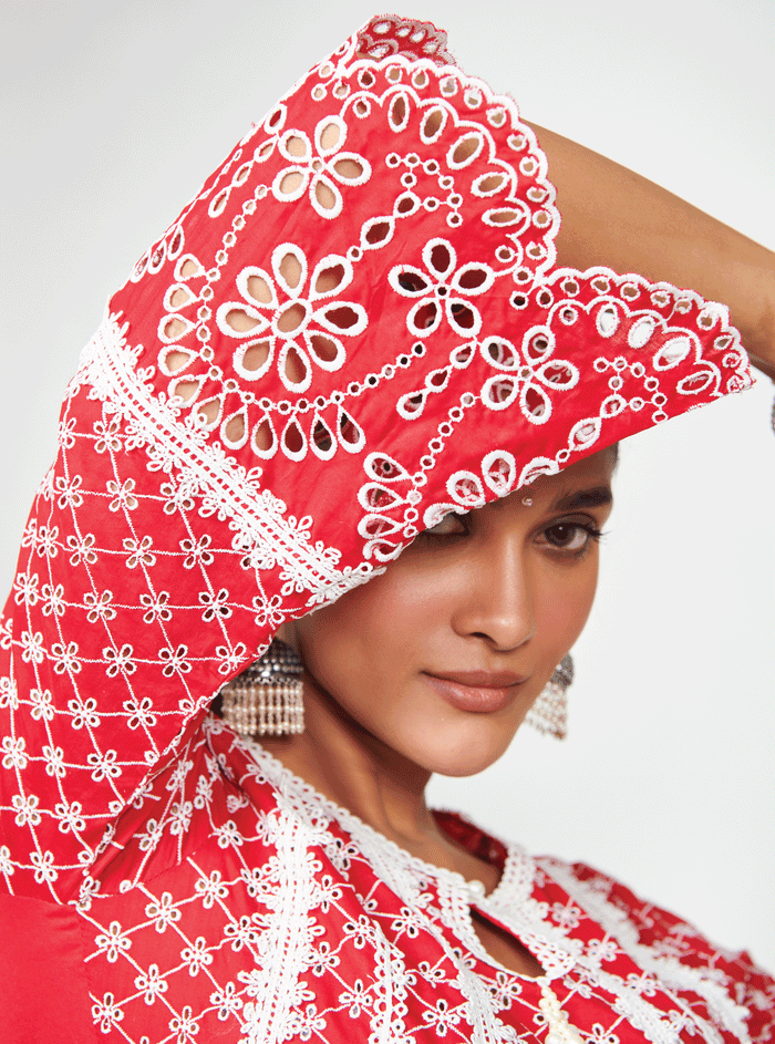 Mulmul Supima Cotton Arris Anarkali Red Kurta