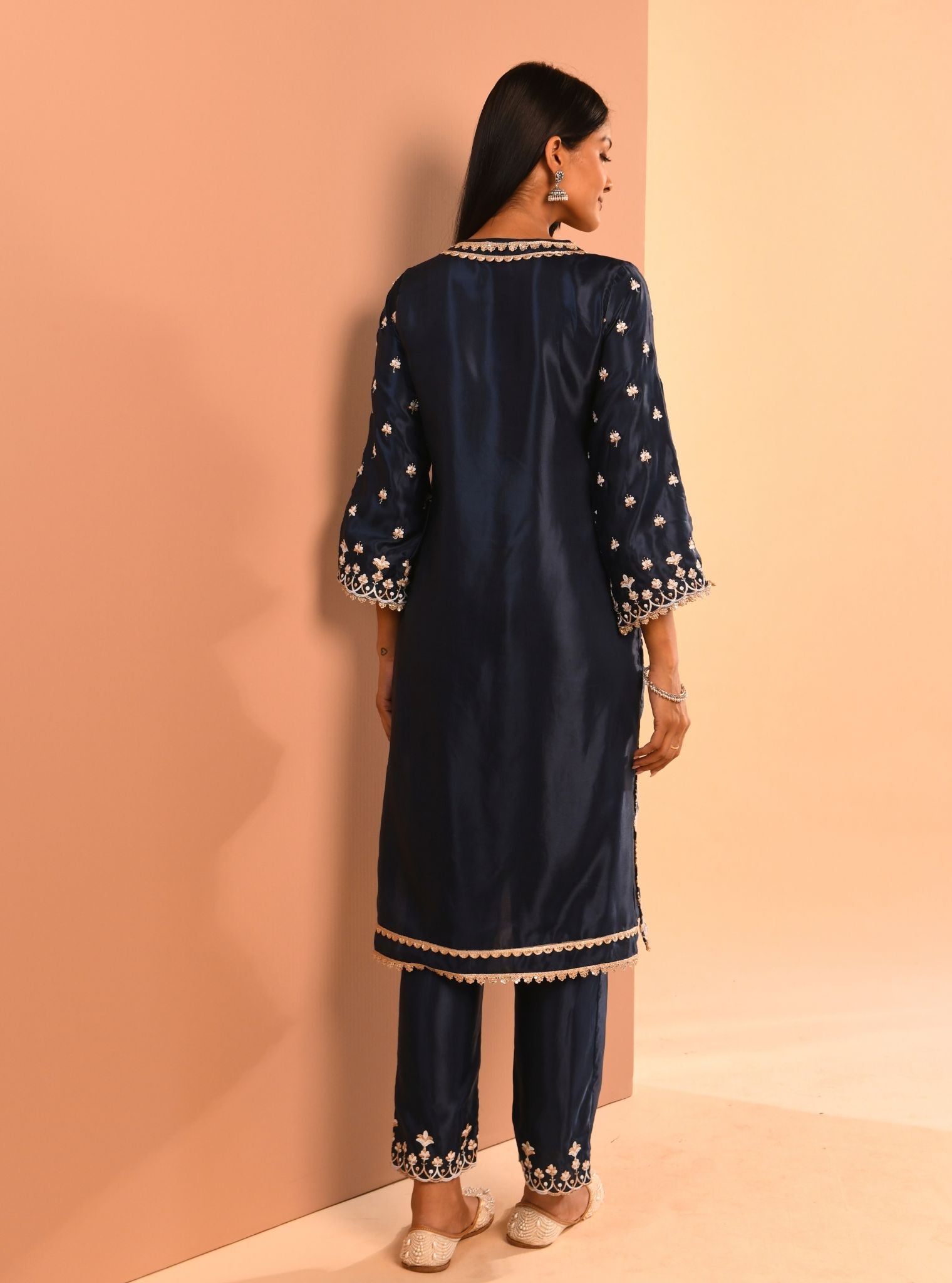 Mulmul Cupro Aarya Navy Kurta With Mulmul Cupro Aarya Navy Pant