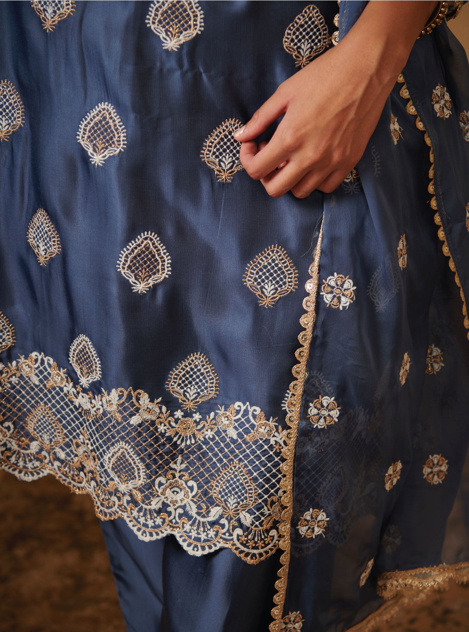 Mulmul Cupro Silk Atya Blue Kurta With Atya Blue Pant