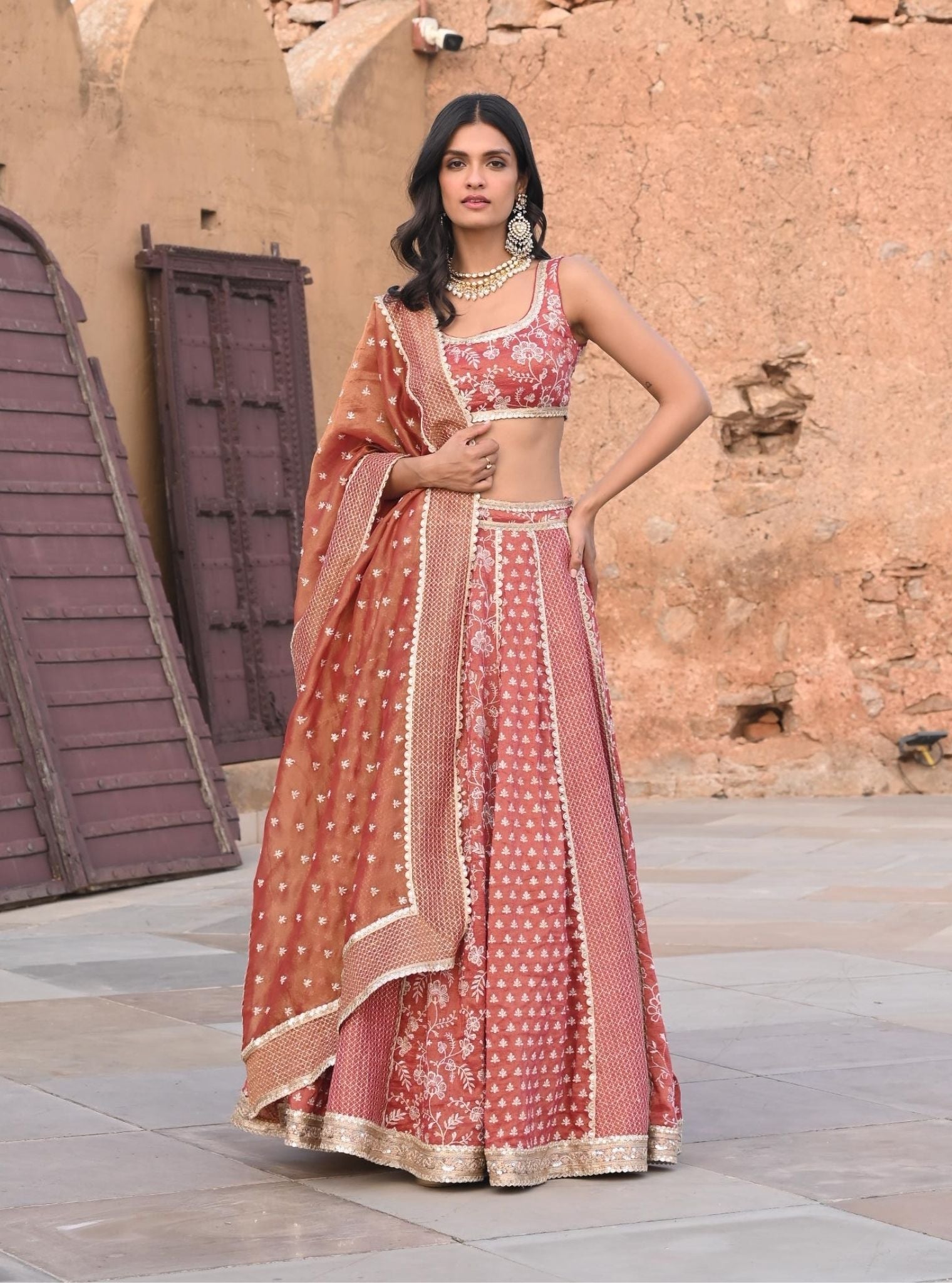 Mulmul Luxe Tissue Satin Deewani Red Lehenga